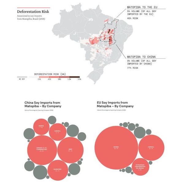 China’s and the EU’s deforestation associated with soy imports from Brazil is highly concentrated in the Matopiba region (highlighted on the map). Bubble charts represent the export companies and their respective volumes of soy exported from Matopiba to China and the EU.
