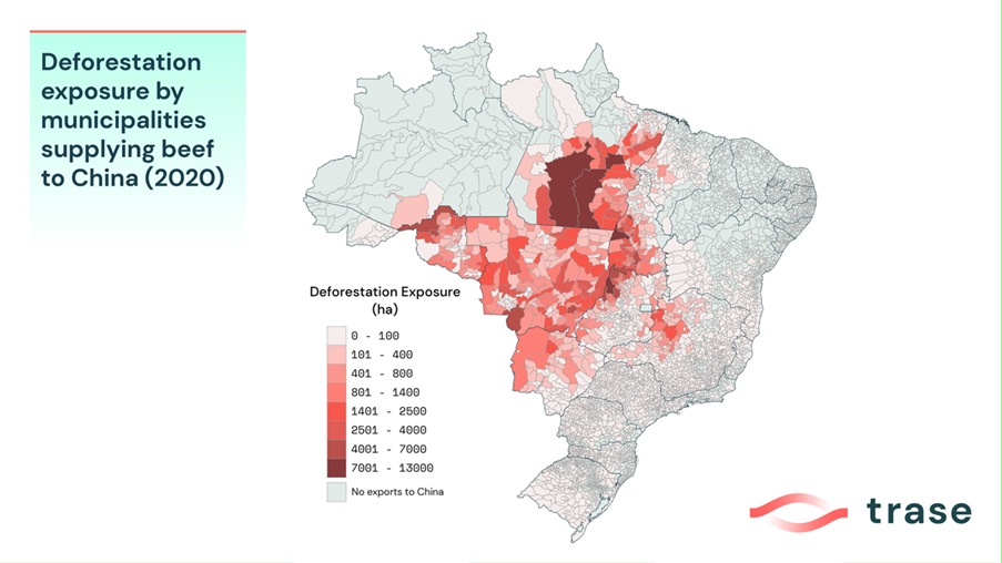 Deforestation exposure by municipalities supplying beef to China (2020). Image: Trase