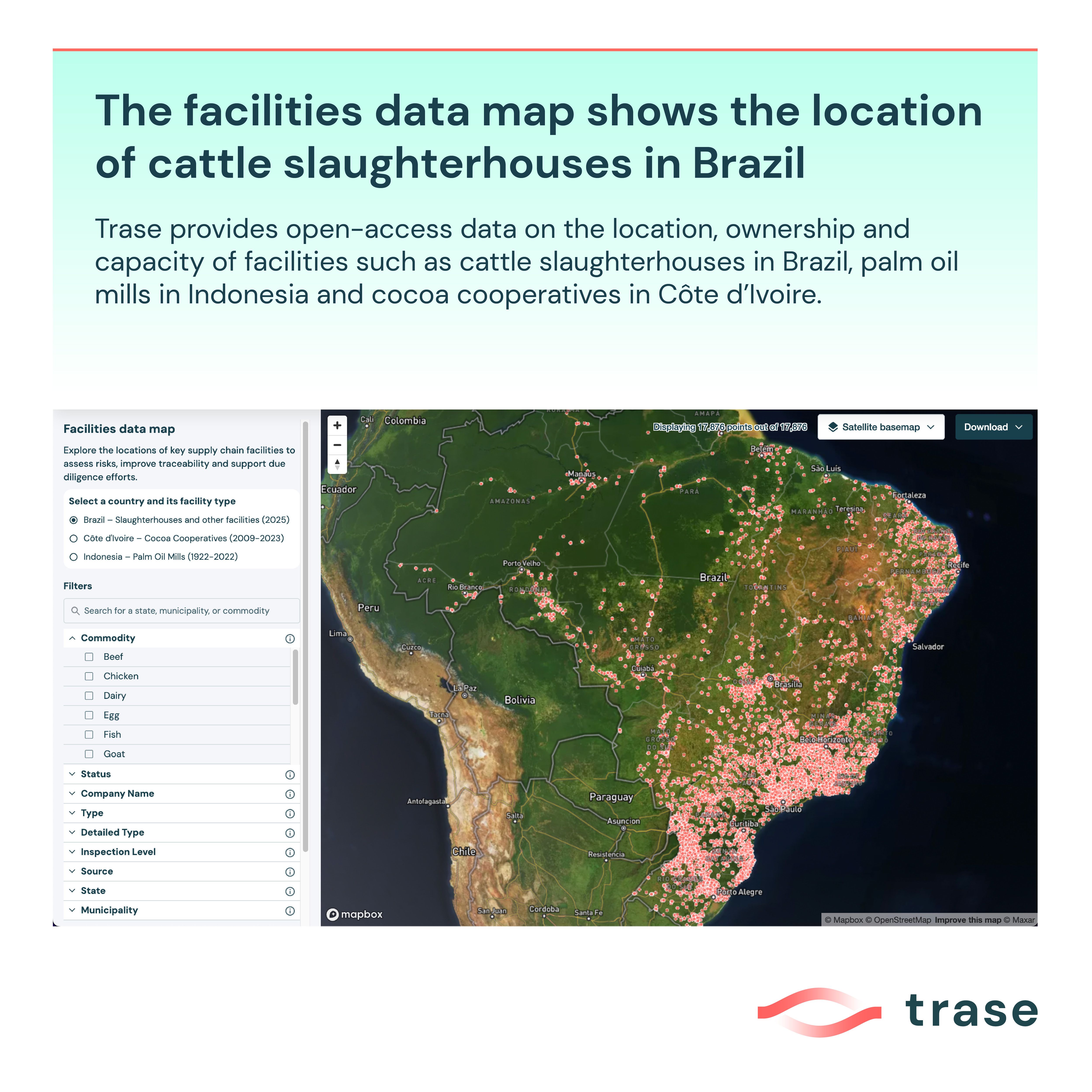 Screenshot from the data page: The facilities data map shows the location of cattle slaughterhouses in Brazil