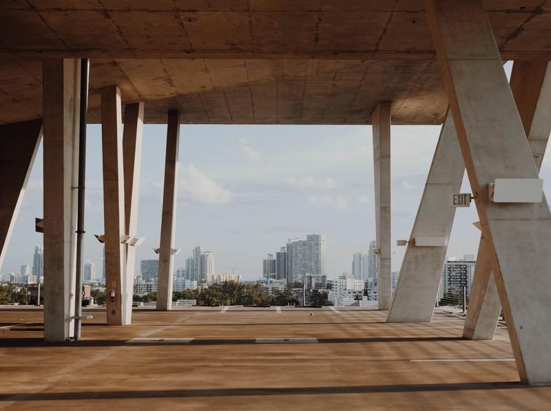 city view through building pillars