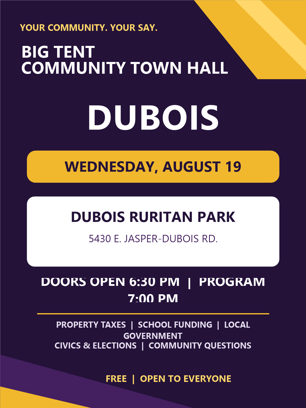 Big Tent Town Hall: "Your Community, Your Say" (Dubois) event image