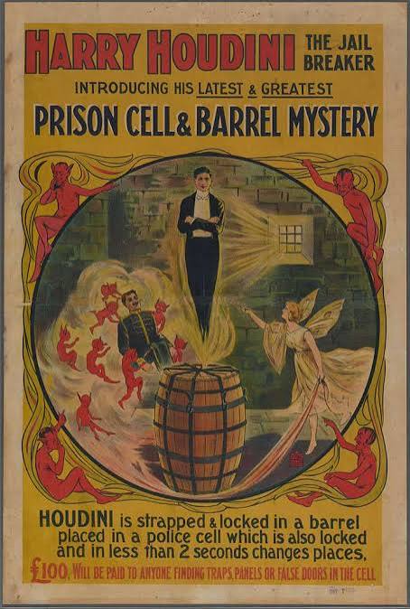 Historisk plakat: «Harry Houdini, The Jail Breaker – Prison Cell & Barrel Mystery»