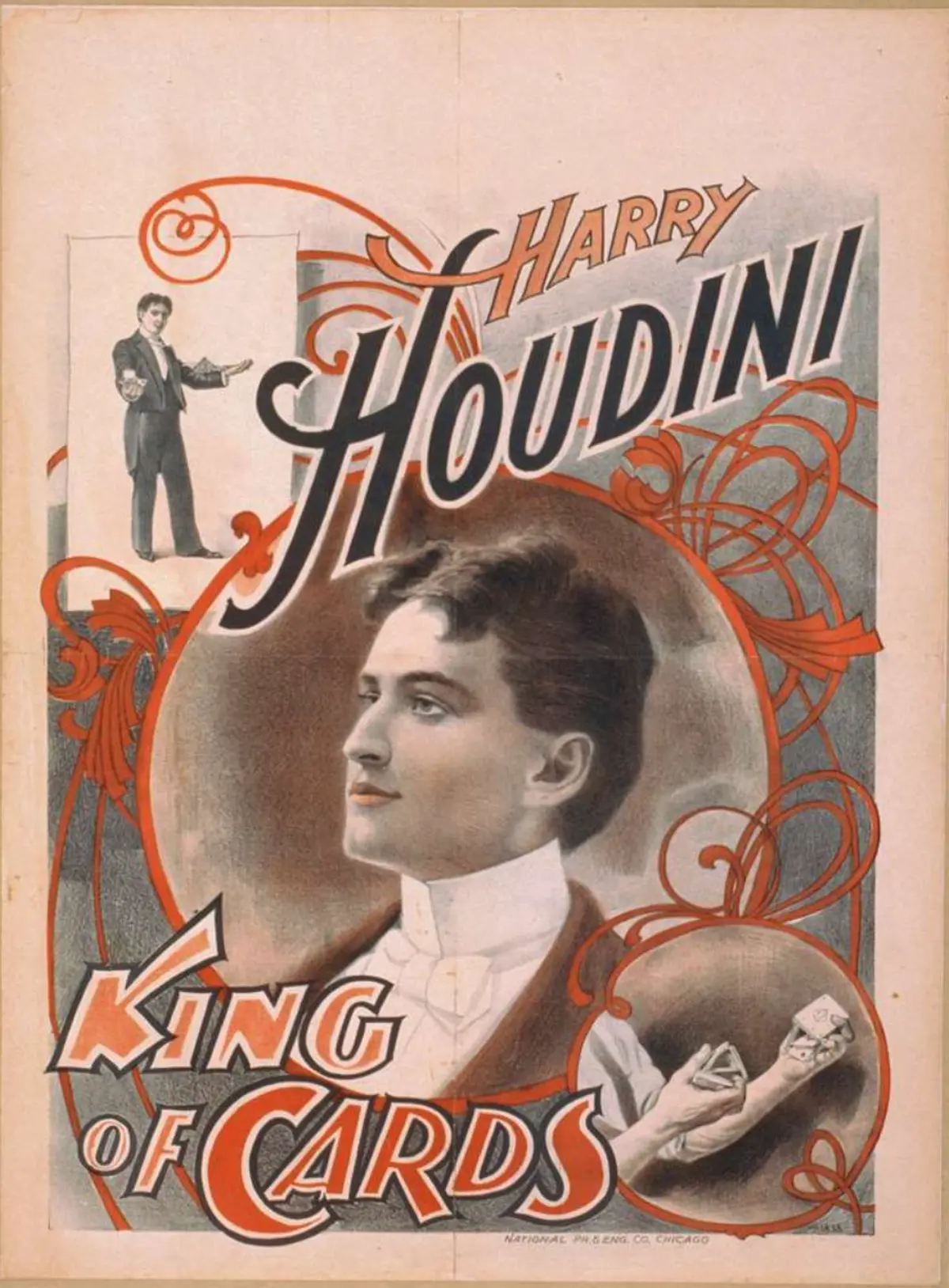 Fargerik litografi-plakat «Harry Houdini — King of Cards» med portrett av en ung Houdini. Library of Congress.