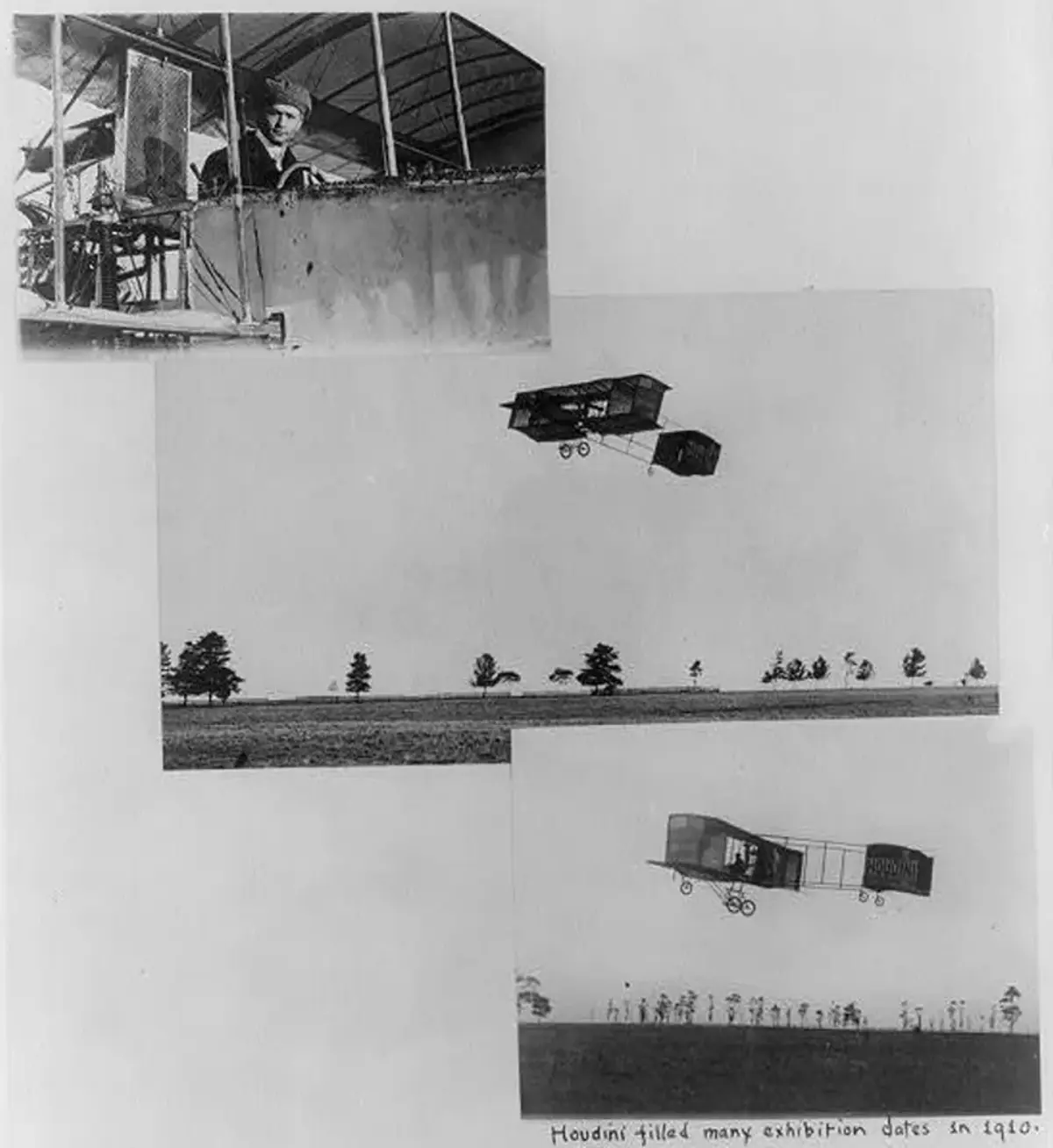 Fotomontasje av Houdini i cockpiten og biplanet hans i luften — «Houdini filled many exhibition dates in 1910». Library of Congress.