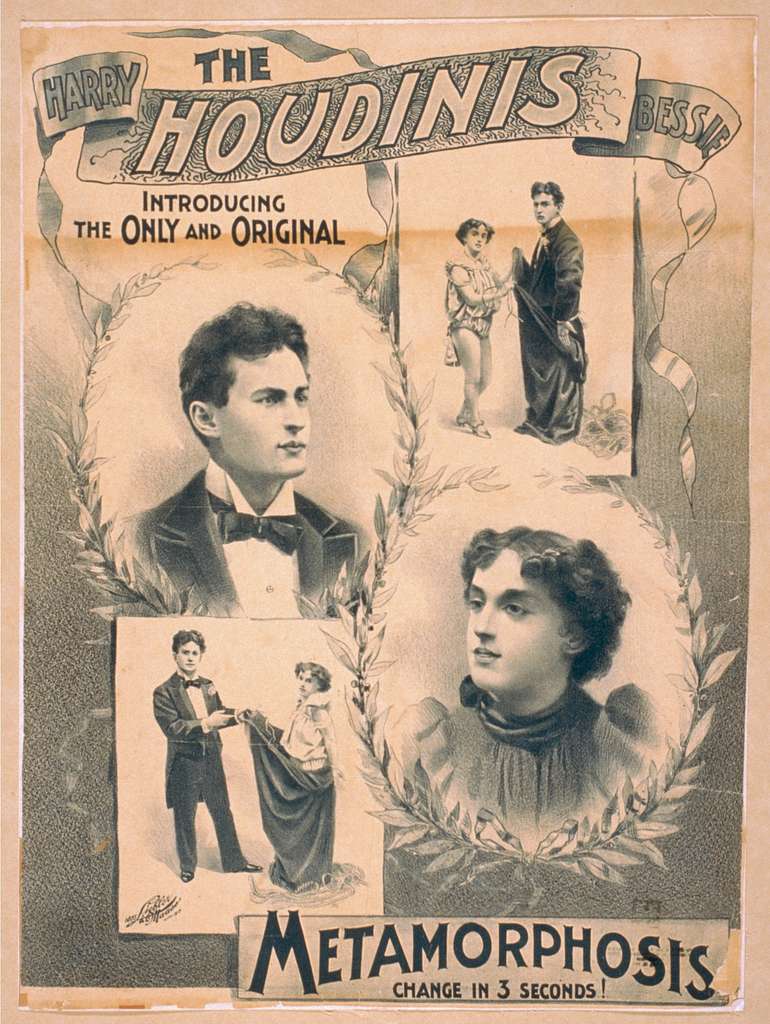 Historisk plakat: «The Houdinis – Metamorphosis», med portretter av Harry og Bessie Houdini