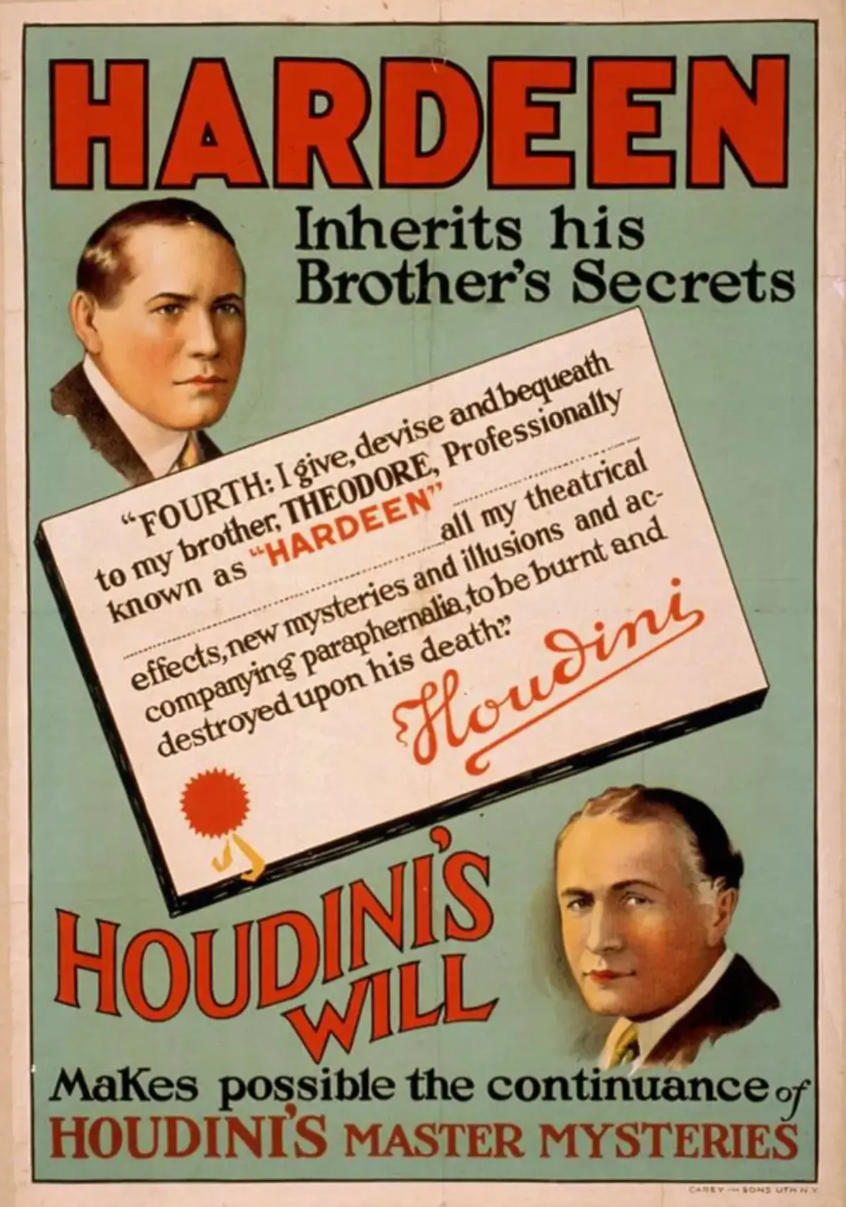 Plakat: «Hardeen inherits his brother’s secrets — Houdini’s Will» med portretter av Hardeen og Houdini og et faksimile av testamentet.