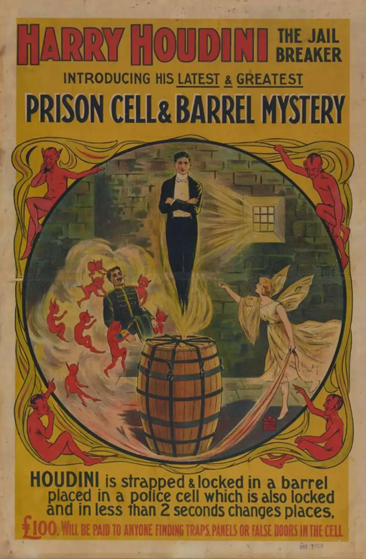 Plakat «Harry Houdini, The Jail Breaker — Prison Cell & Barrel Mystery» med Houdini og små røde djevler rundt en tønne.