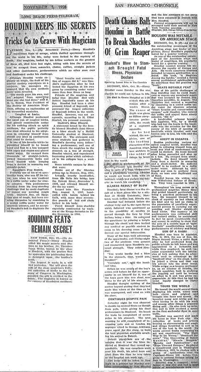 Two newspaper articles announcing Houdini's death on... 