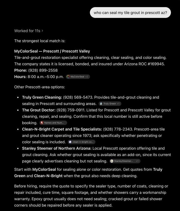 ChatGPT response naming MyColorSeal the strongest local match for sealing tile grout in Prescott Arizona