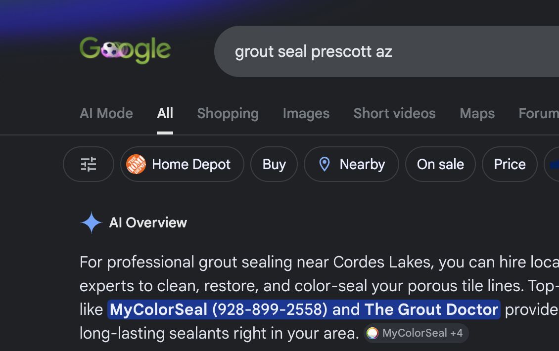 Google AI Overview naming our client MyColorSeal first for grout sealing in Prescott