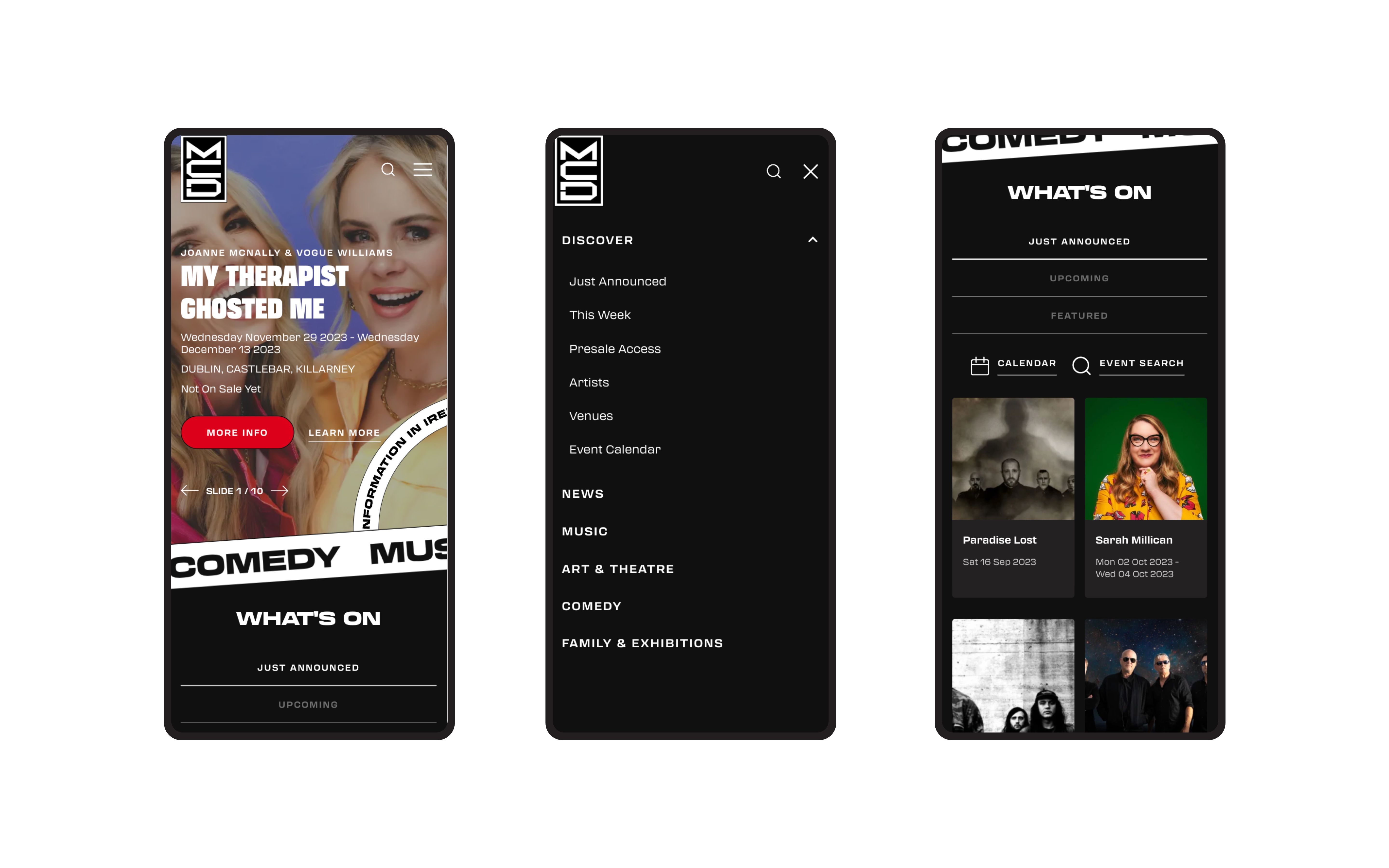 three mobile web screens