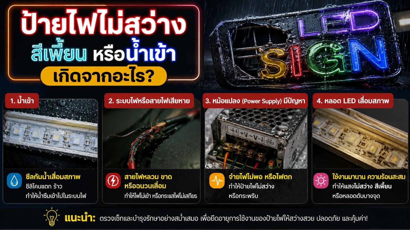 ป้ายไฟไม่สว่าง สีเพี้ยน หรือน้ำเข้า เกิดจากอะไร?
