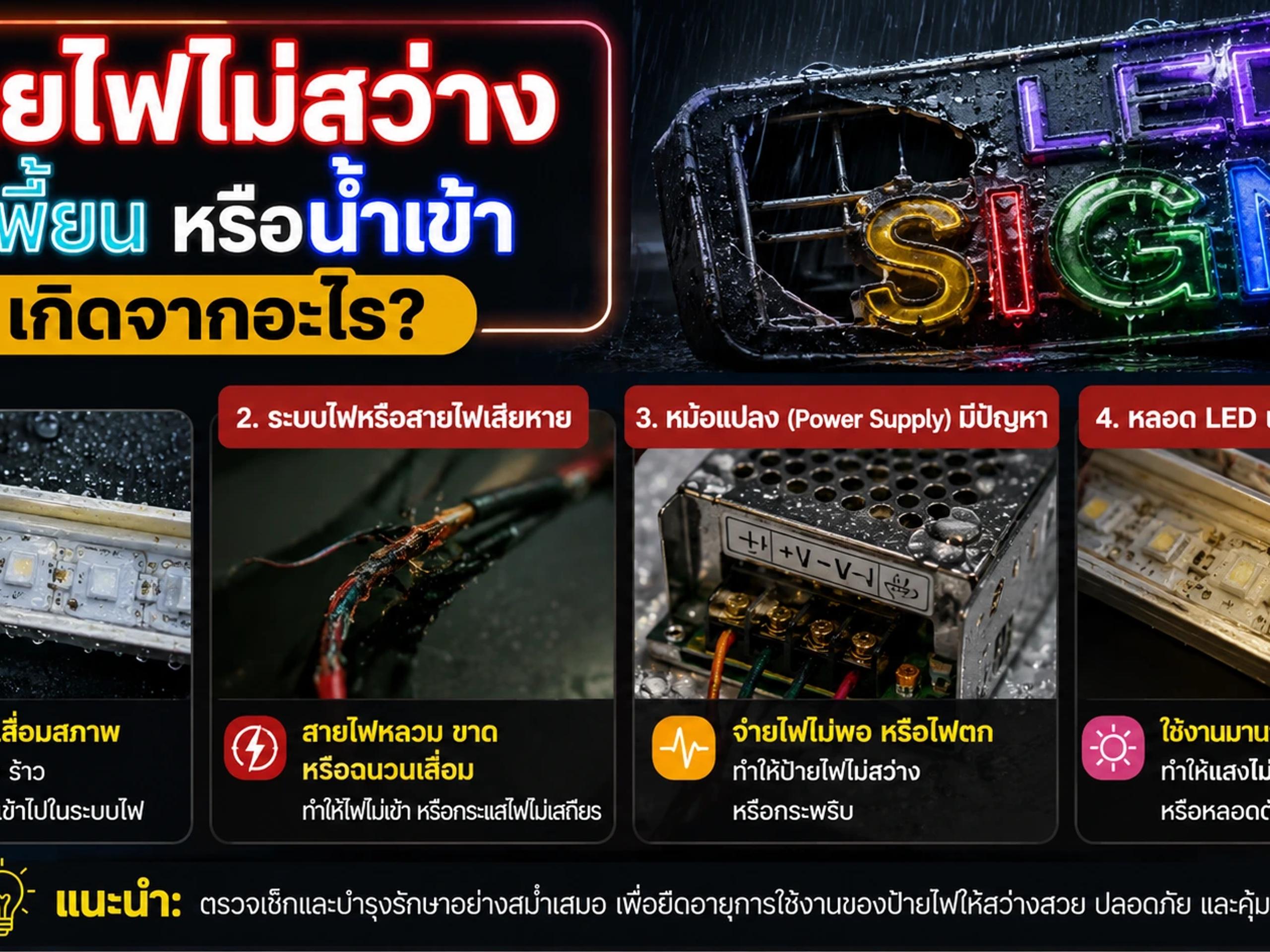 ป้ายไฟไม่สว่าง สีเพี้ยน หรือน้ำเข้า เกิดจากอะไร?