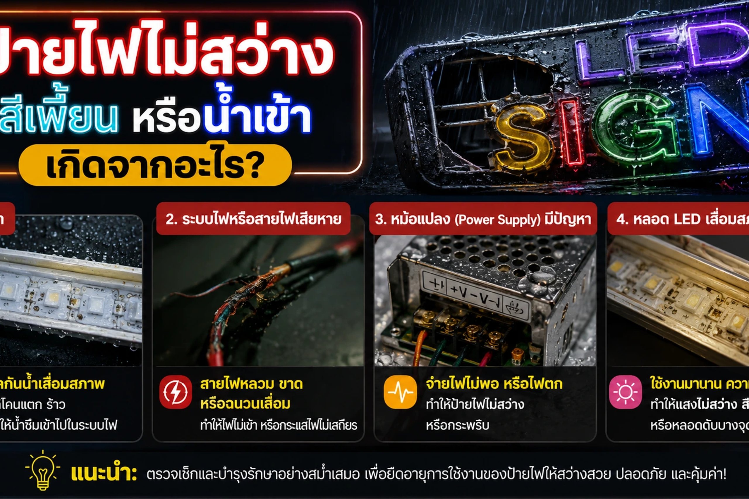 ป้ายไฟไม่สว่าง สีเพี้ยน หรือน้ำเข้า เกิดจากอะไร?