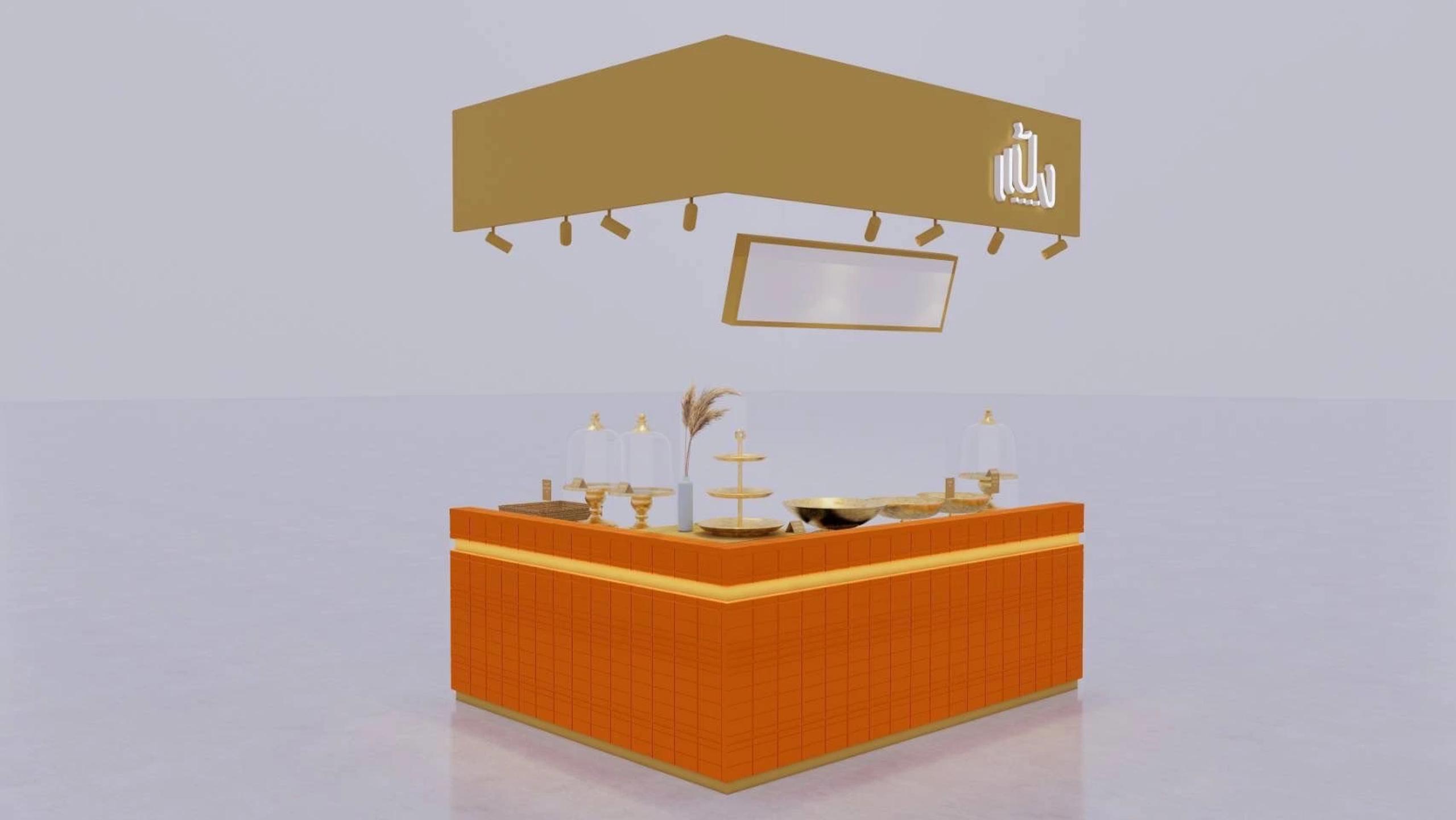 ภาพจำลอง 3 มิติออกแบบกราฟิกบูธหรือคีออสก์สีส้มพร้อมโลโก้ | 3D mockup of graphic design for an orange kiosk booth with logo - Buildandsign