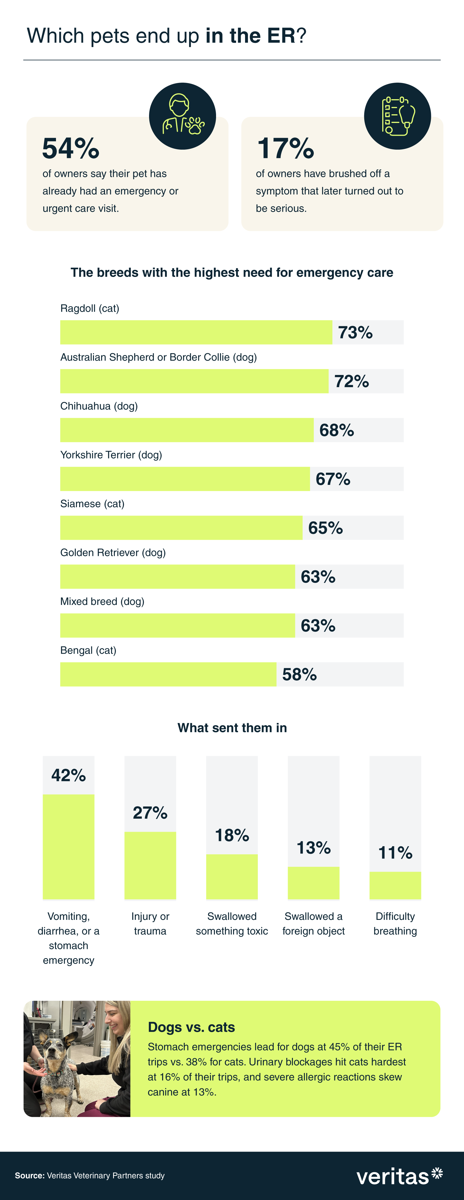 Infographic ranking the pet breeds with the highest need for emergency care and the most common causes of pet ER visits in the U.S.