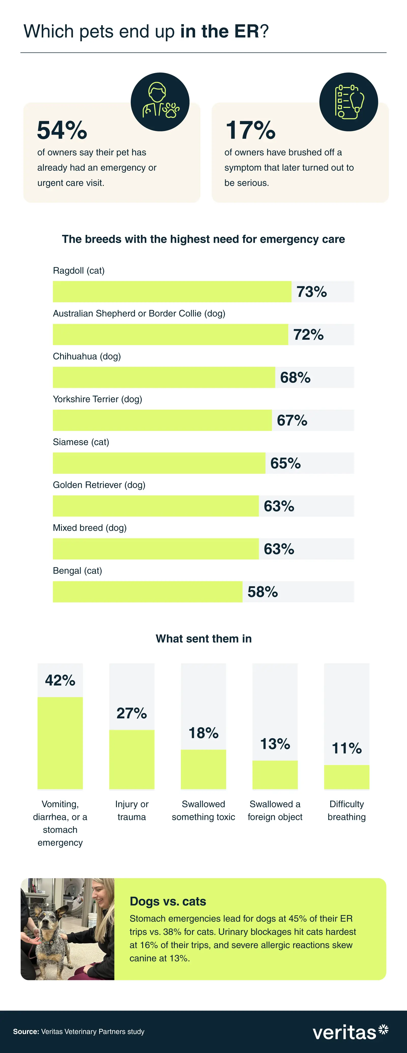 Infographic ranking the pet breeds with the highest need for emergency care and the most common causes of pet ER visits in the U.S.