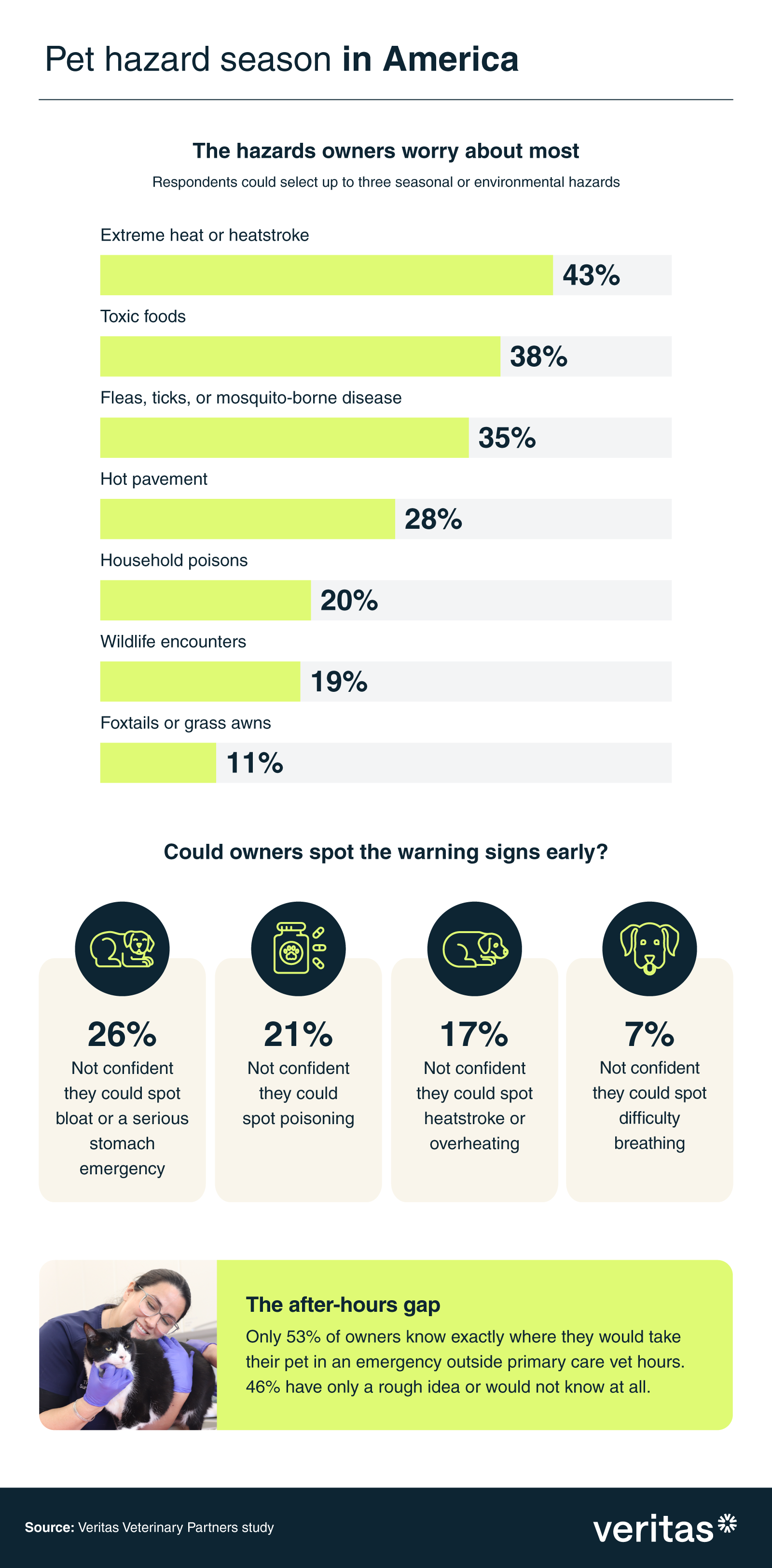 Infographic showing the seasonal hazards American pet owners worry about most and the emergencies they feel least prepared to recognize.
