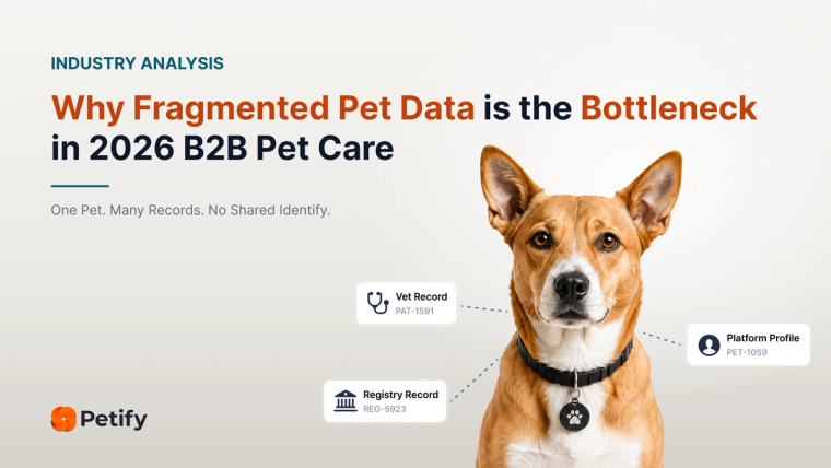 Article cover for "Why Fragmented Pet Data is the Bottleneck in 2026 B2B Pet Care". A dog wearing a collar and paw-print tag is linked by dashed lines to three separate record cards — a vet record, a registry record and a platform profile — each holding a different ID for the same animal.
