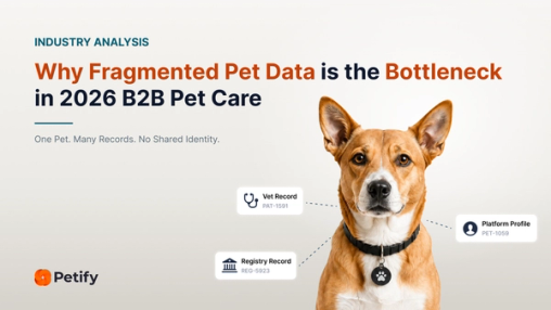 Article cover for "Why Fragmented Pet Data is the Bottleneck in 2026 B2B Pet Care". A dog wearing a collar and paw-print tag is linked by dashed lines to three separate record cards — a vet record, a registry record and a platform profile — each holding a different ID for the same animal.