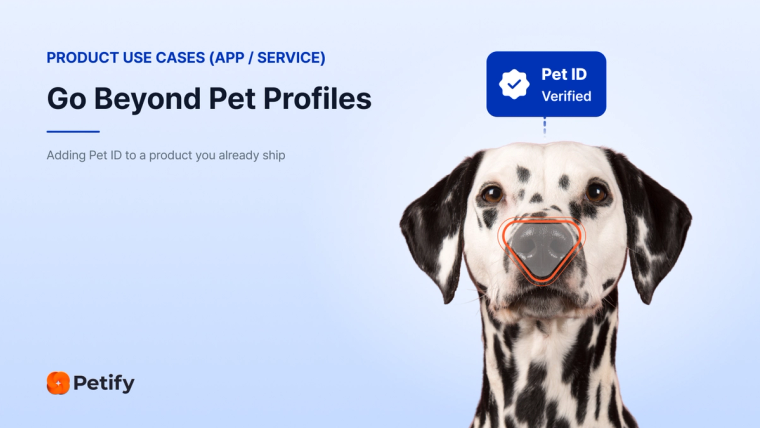 Dalmatian with its nose highlighted for biometric recognition and a “Pet ID Verified” badge, illustrating how Petify adds verified Pet ID to an existing app or service.