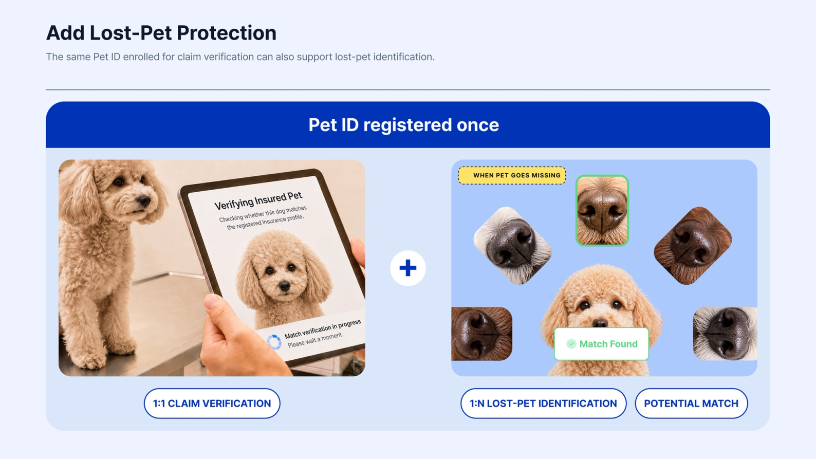 Illustration showing how the same Pet ID used for 1:1 insurance claim verification can also support 1:N lost-pet identification to find a potential match.