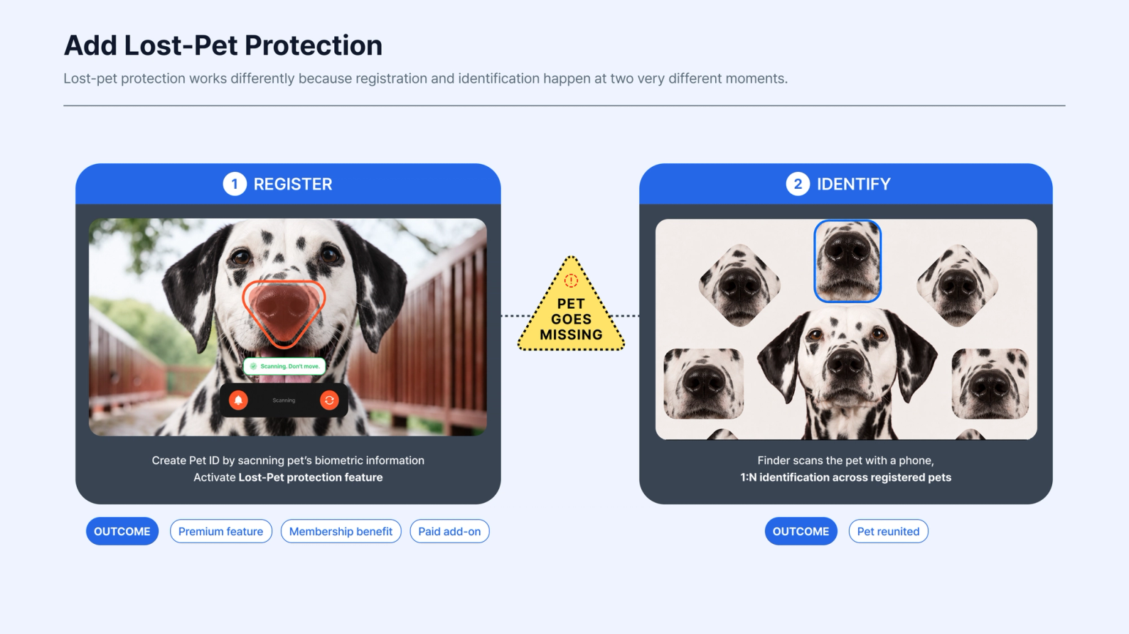 Two-step lost-pet protection flow showing a dog’s noseprint registered in advance and later used for 1:N biometric identification when the missing pet is scanned with a phone.