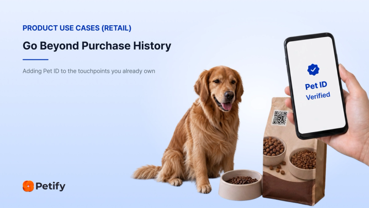 Golden Retriever beside pet food packaging with a QR code and a phone displaying “Pet ID Verified,” illustrating how Petify adds verified Pet ID to existing retail touchpoints.