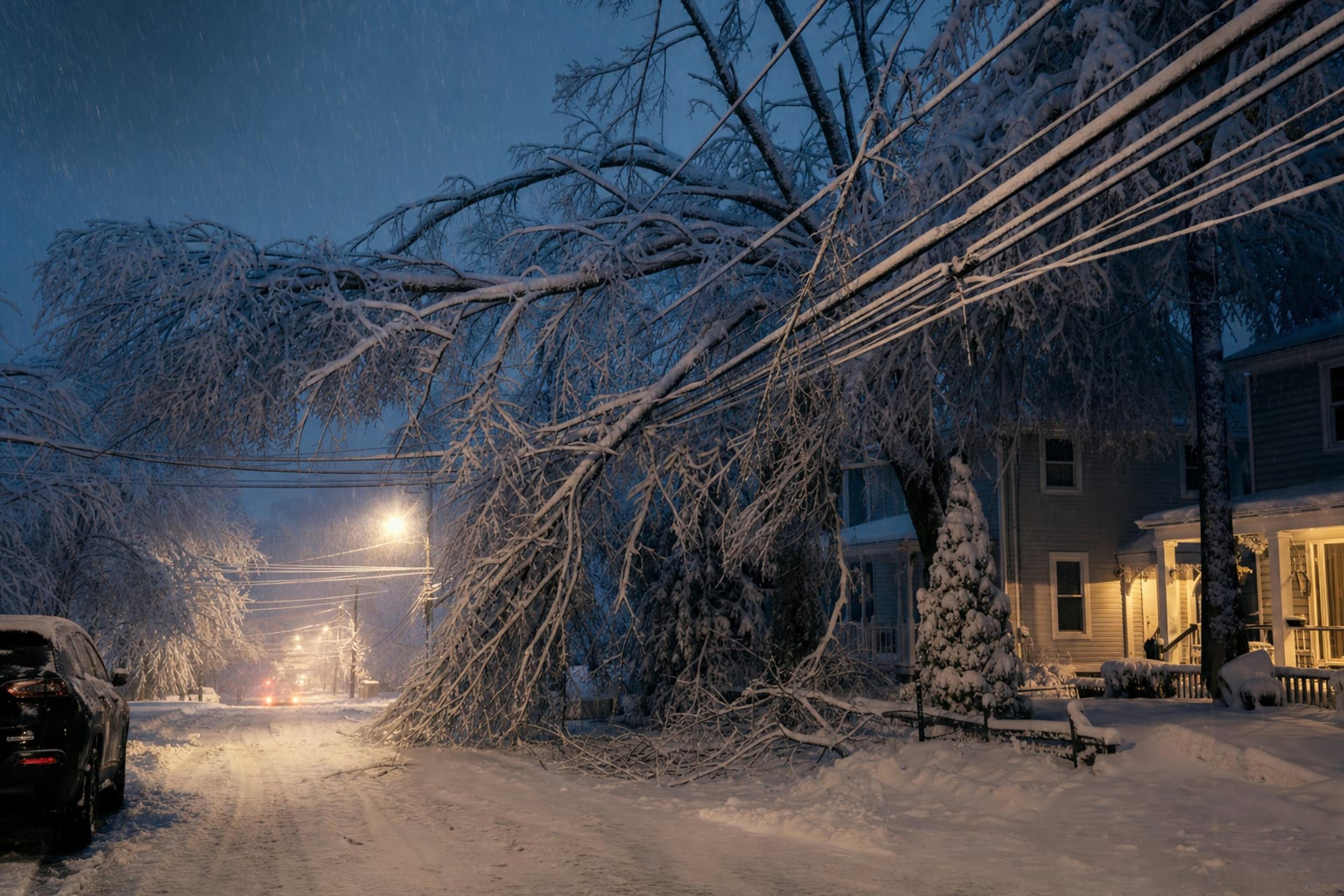 Residential street in upstate New York during a winter storm with snow-laden trees leaning near power lines