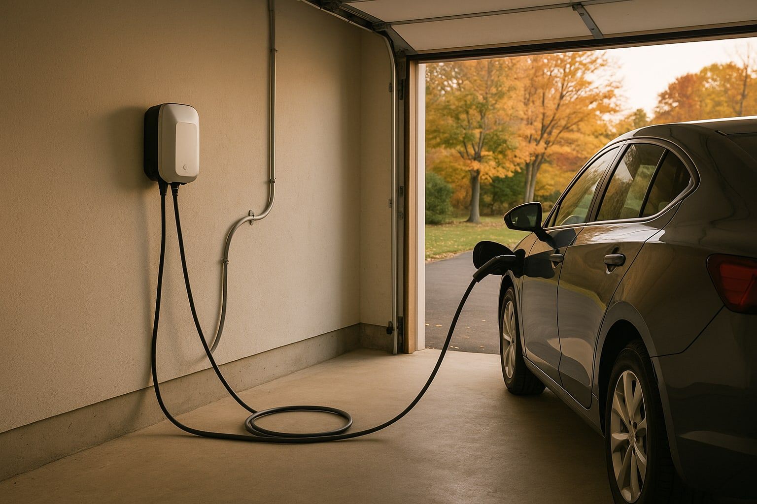 Wall-mounted Level 2 EV charger plugged into an electric car in an attached garage of an upstate New York home