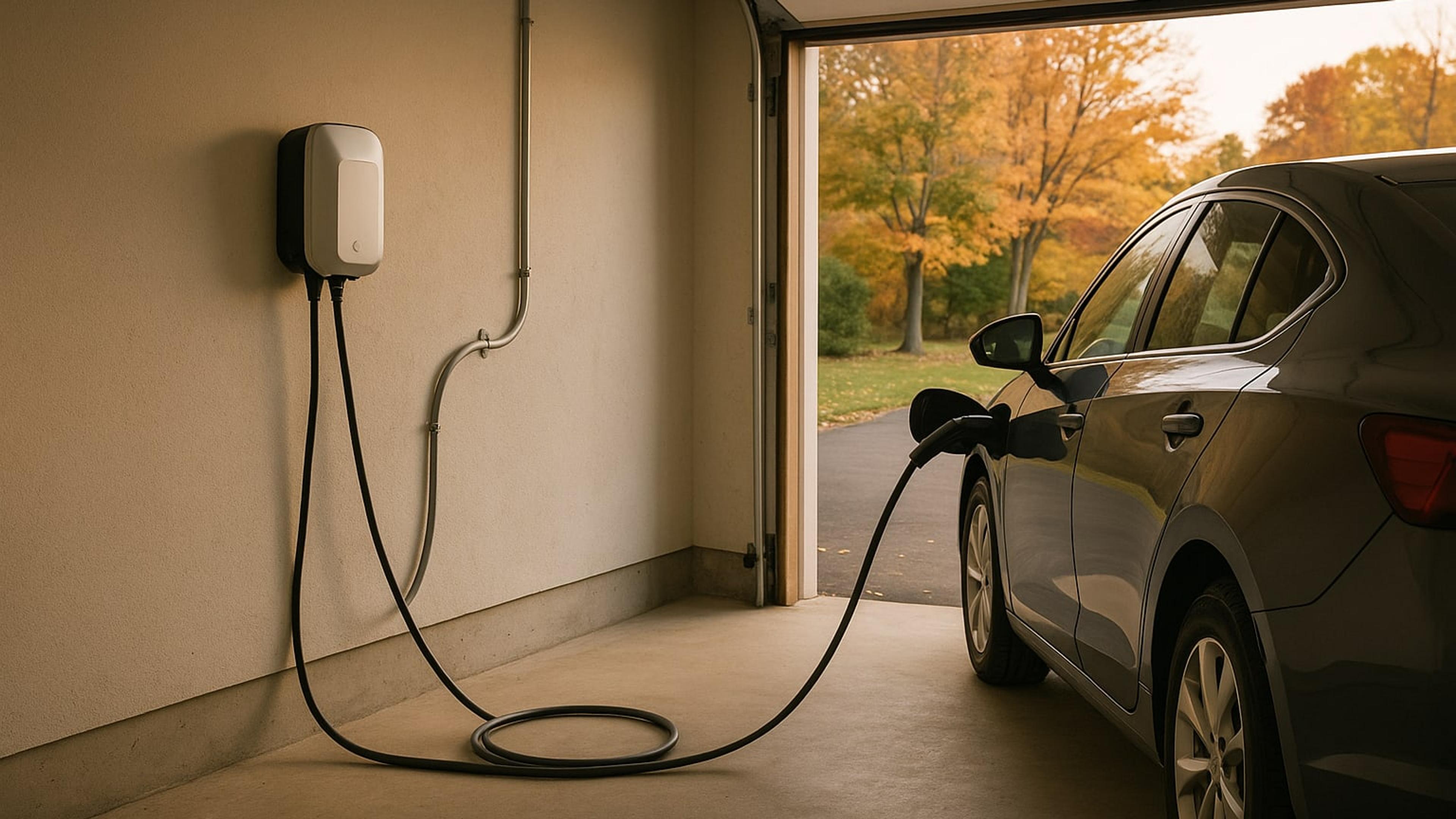 Wall-mounted Level 2 EV charger plugged into an electric car in an attached garage of an upstate New York home