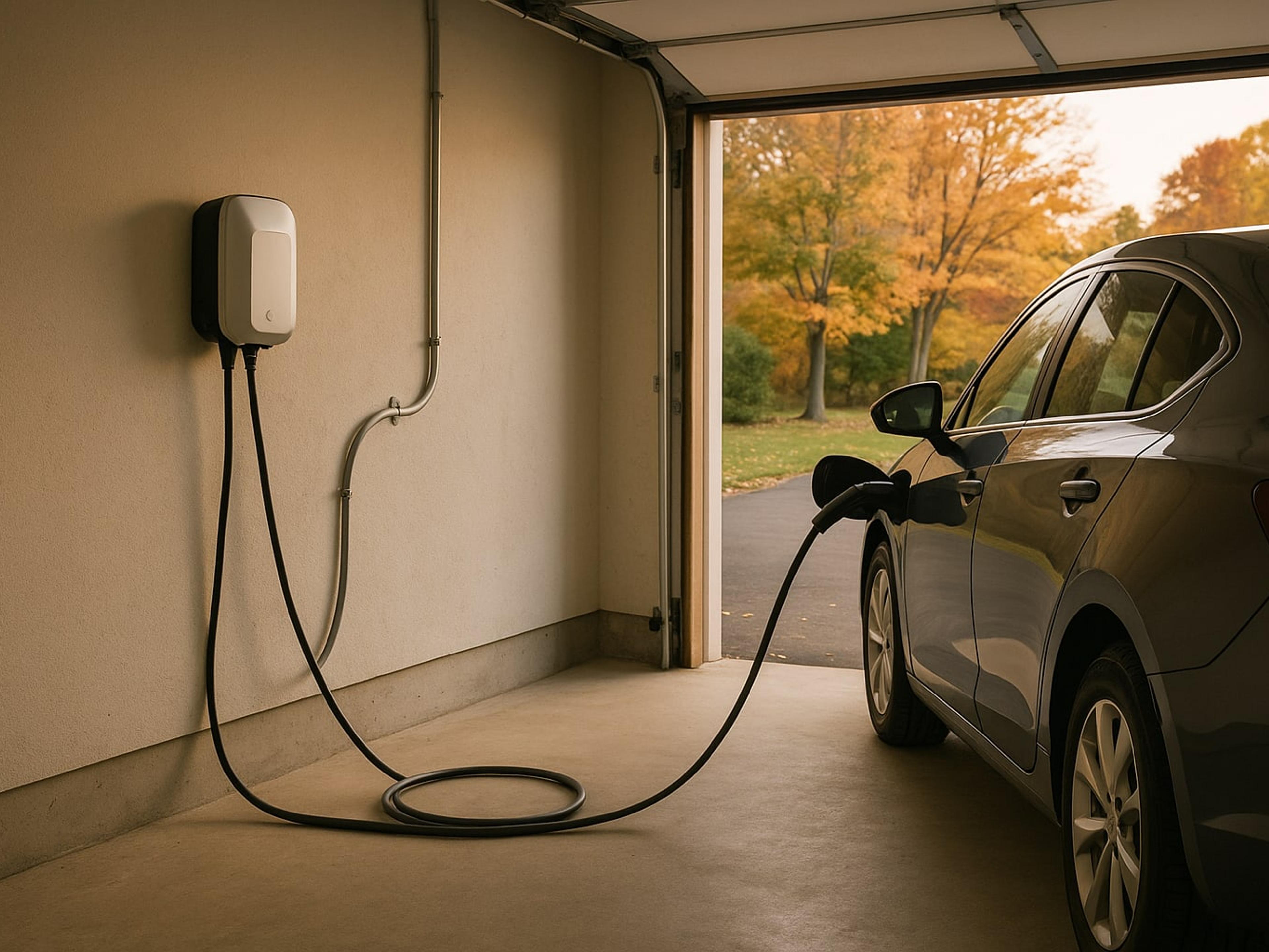 Wall-mounted Level 2 EV charger plugged into an electric car in an attached garage of an upstate New York home
