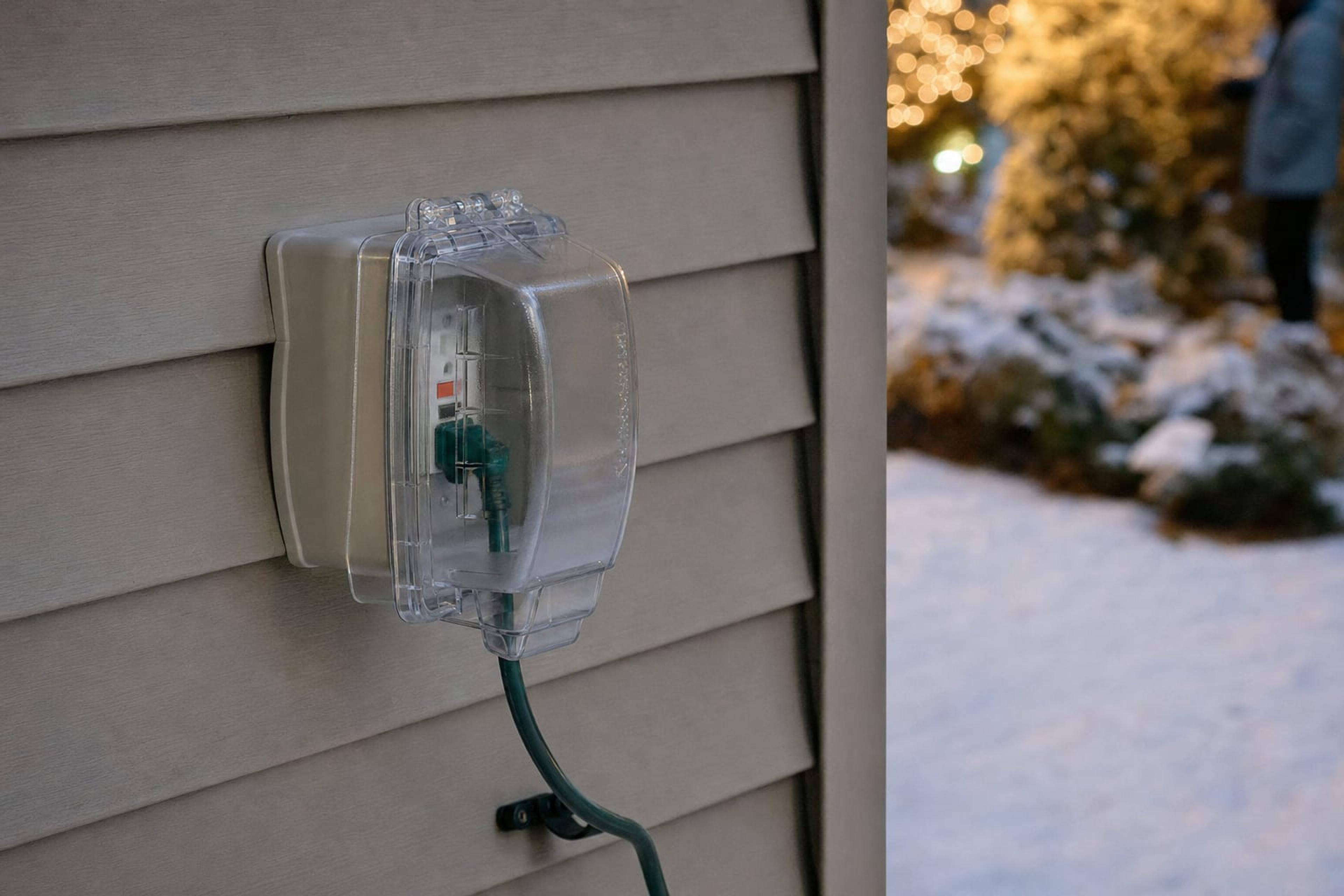 Outdoor GFCI outlet with a weatherproof in-use cover and an outdoor-rated extension cord plugged in, snow on the ground