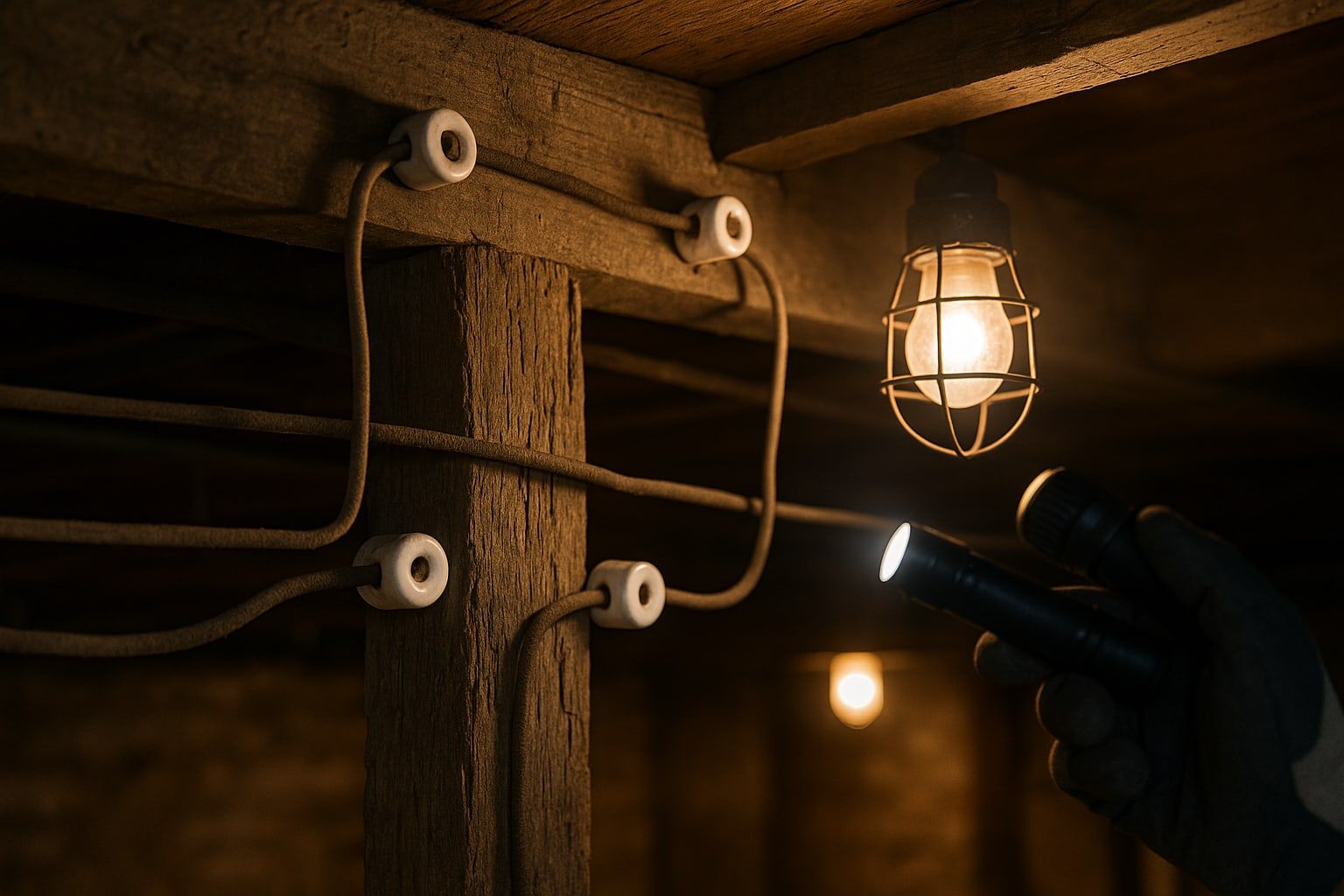 Old knob-and-tube wiring with ceramic knobs and cloth-insulated wires in the floor joists of an early 1900s basement