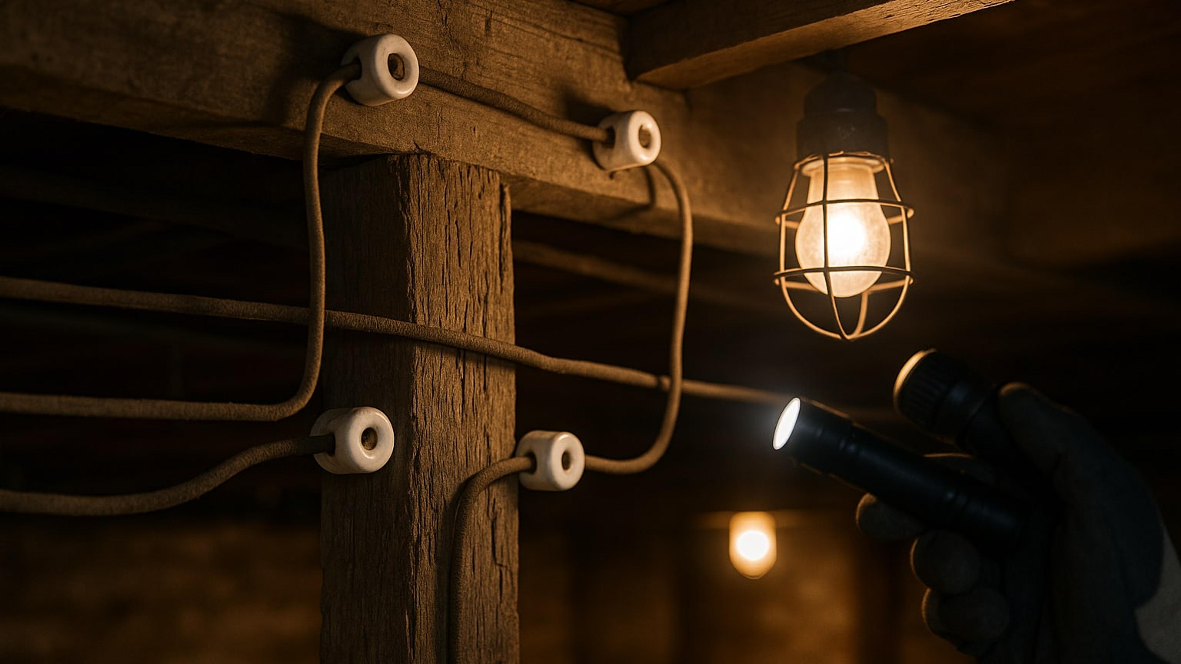 Old knob-and-tube wiring with ceramic knobs and cloth-insulated wires in the floor joists of an early 1900s basement