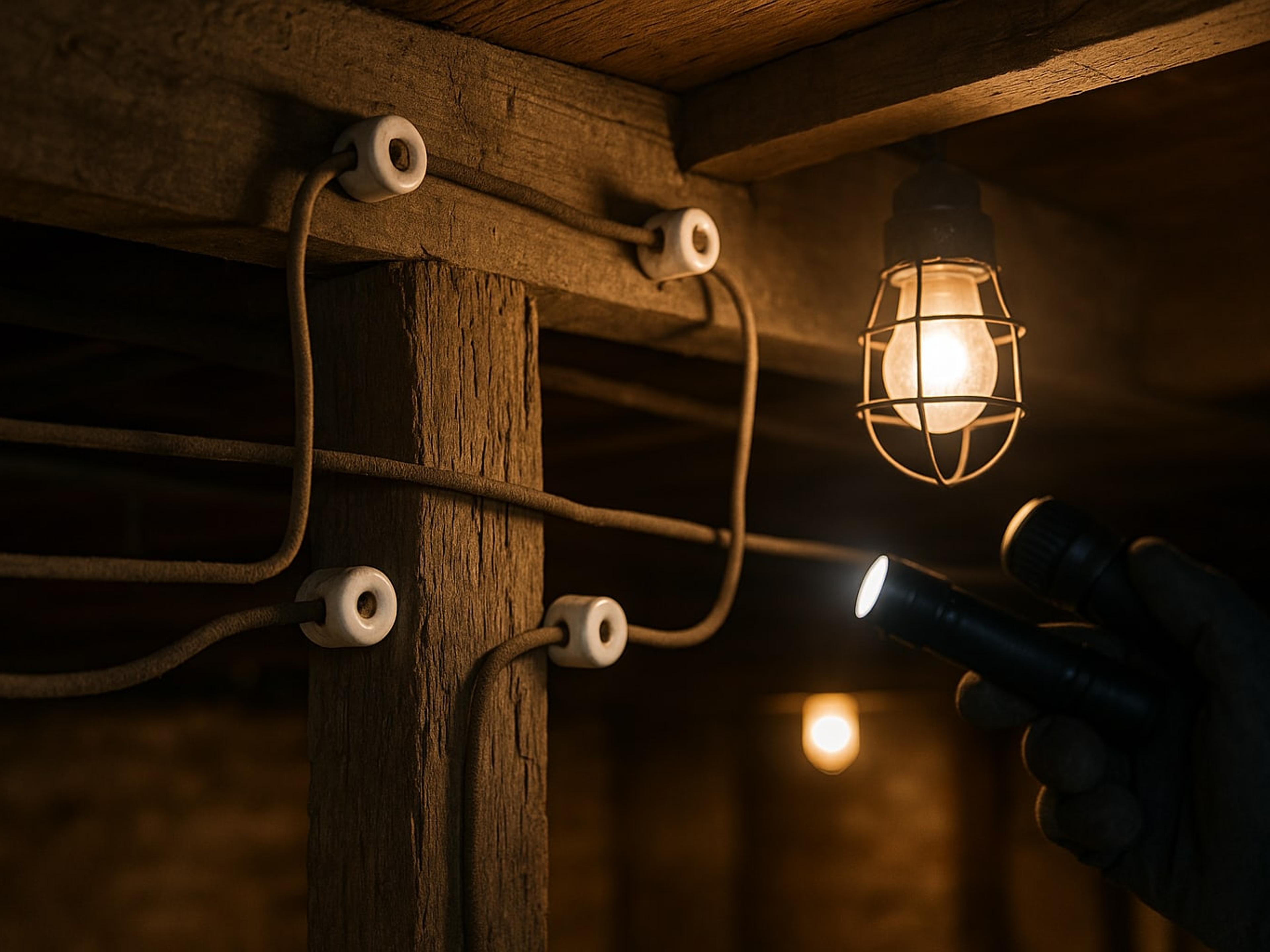 Old knob-and-tube wiring with ceramic knobs and cloth-insulated wires in the floor joists of an early 1900s basement