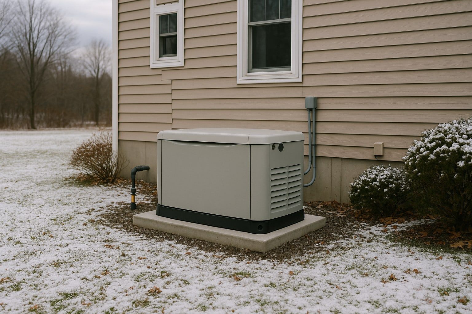 Whole-house standby generator on a concrete pad beside a suburban upstate New York home with light snow