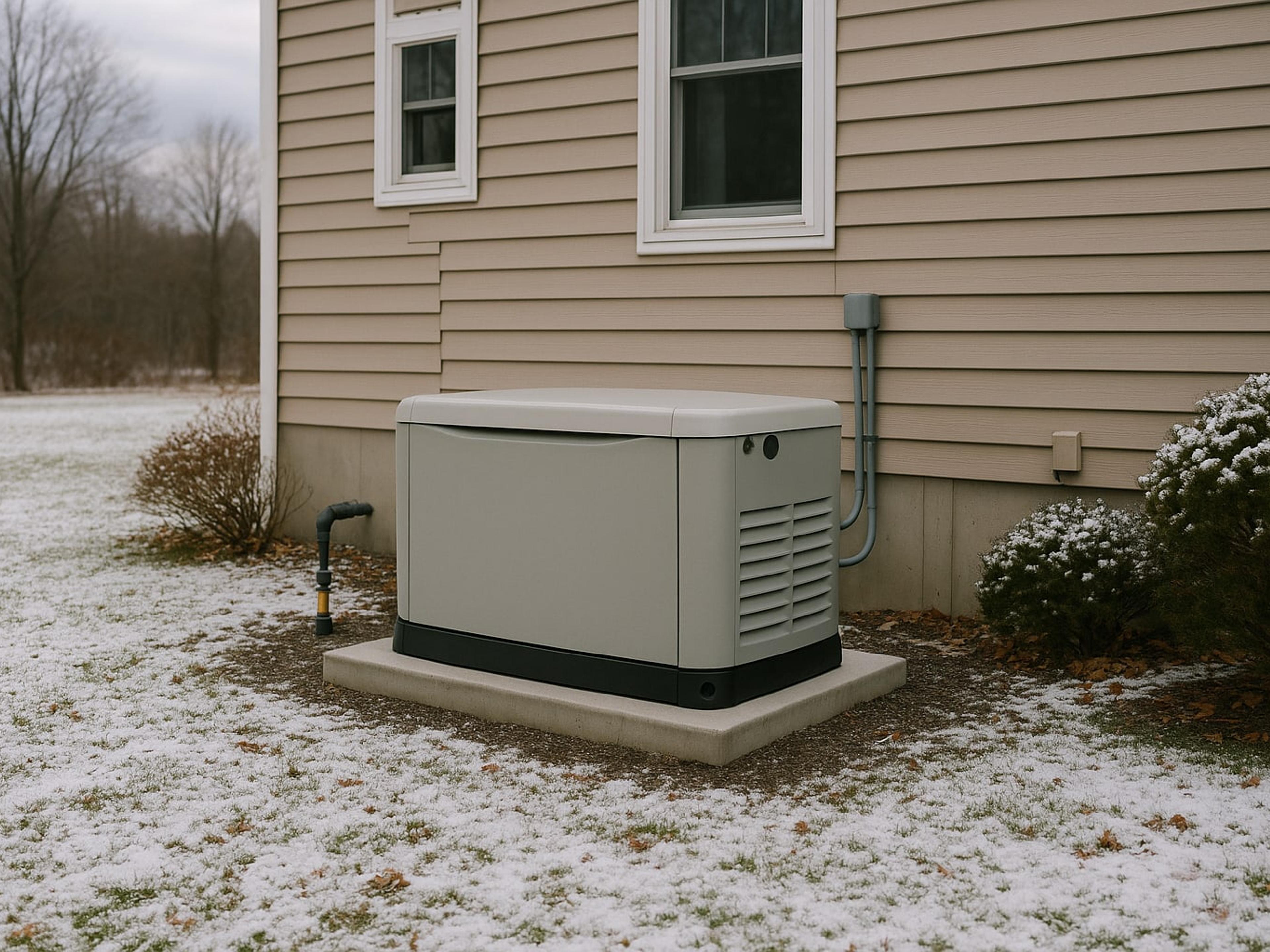 Whole-house standby generator on a concrete pad beside a suburban upstate New York home with light snow