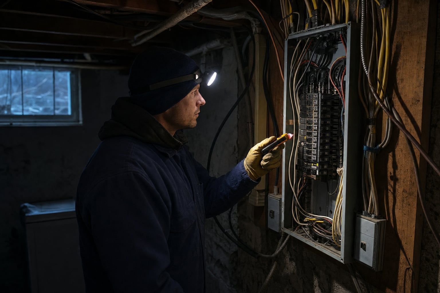 Electrician with a headlamp checking an open residential breaker panel in a dark basement at night