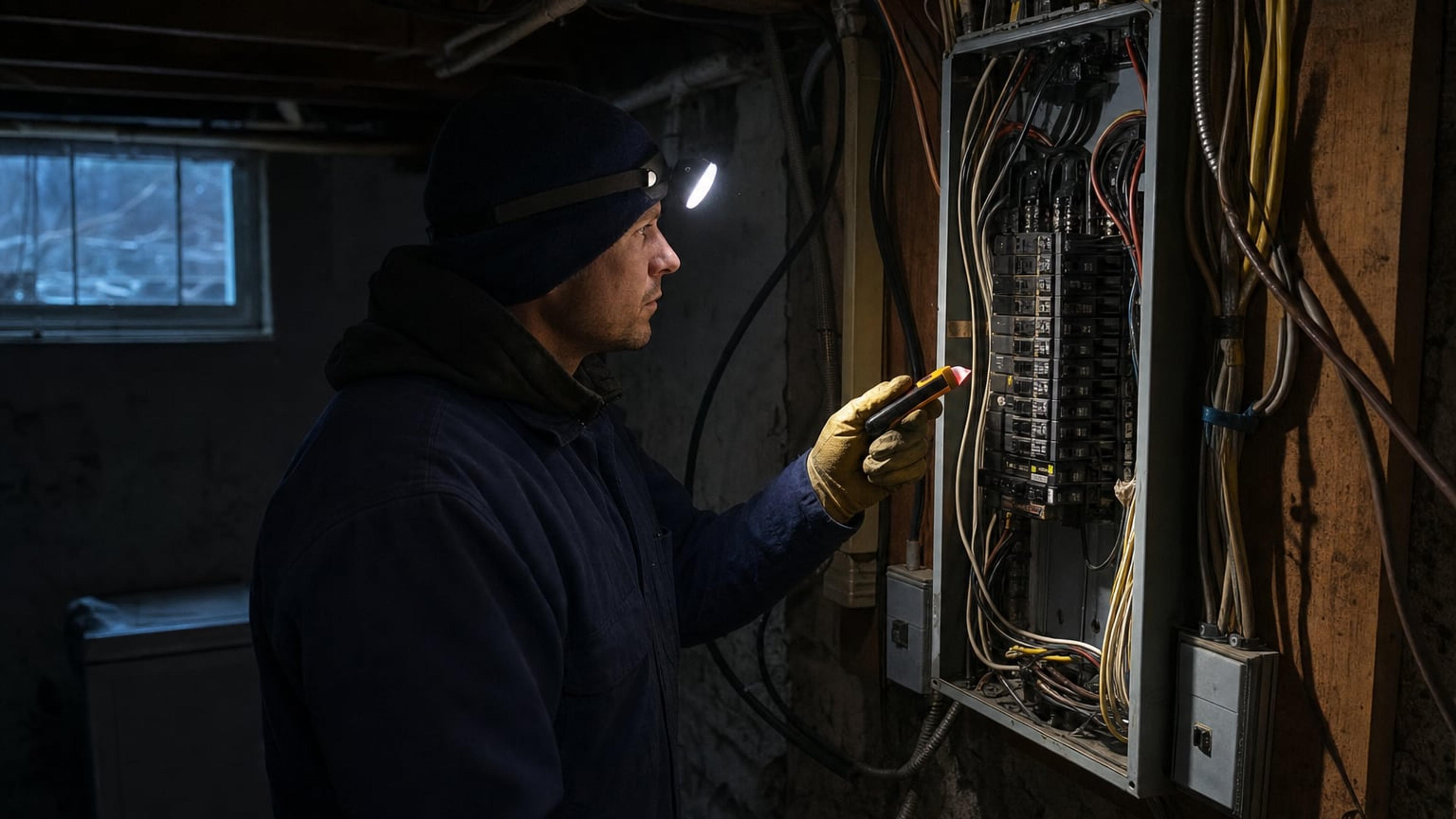 Electrician with a headlamp checking an open residential breaker panel in a dark basement at night