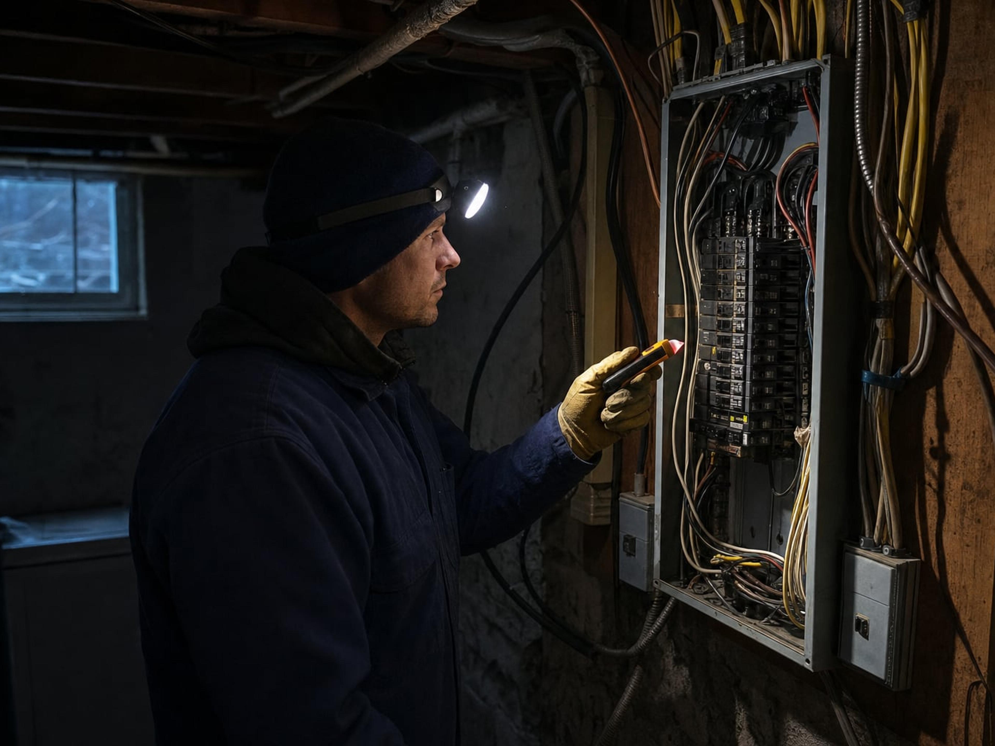 Electrician with a headlamp checking an open residential breaker panel in a dark basement at night