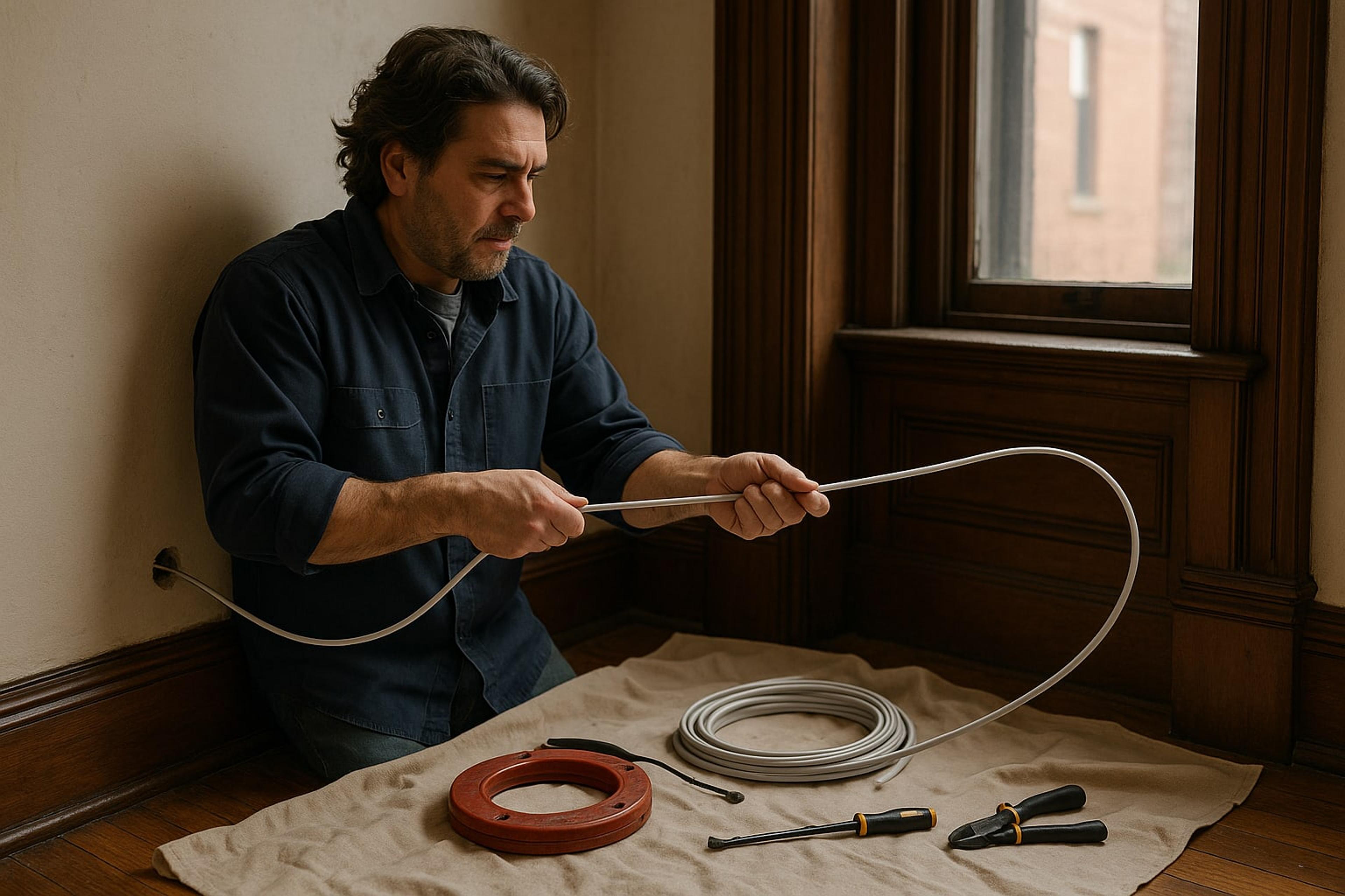 Electrician pulling new cable through a small opening in a plaster wall of an older Troy, NY row house
