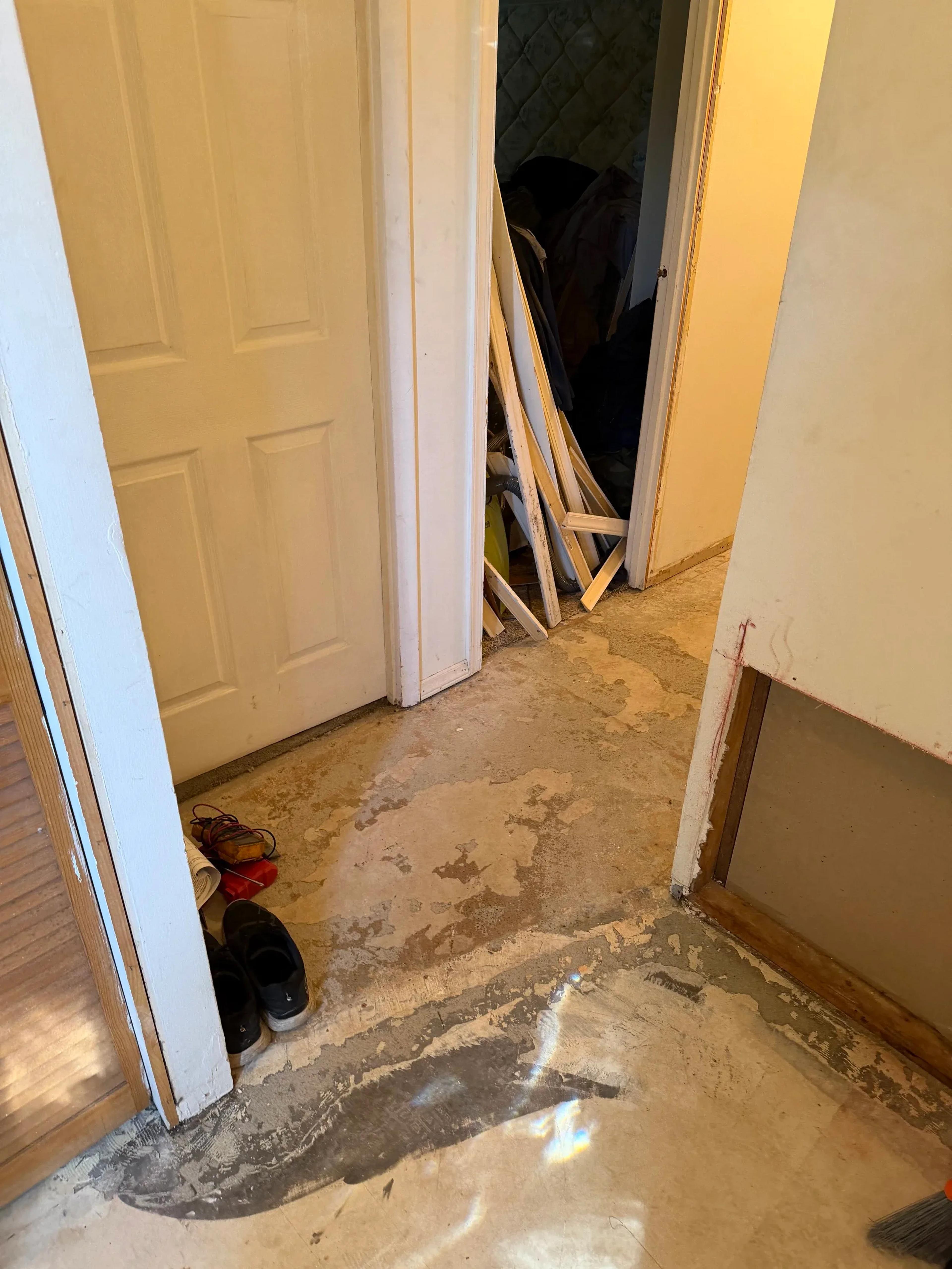 Hallway and closet area with removed flooring showing water damage and construction debris