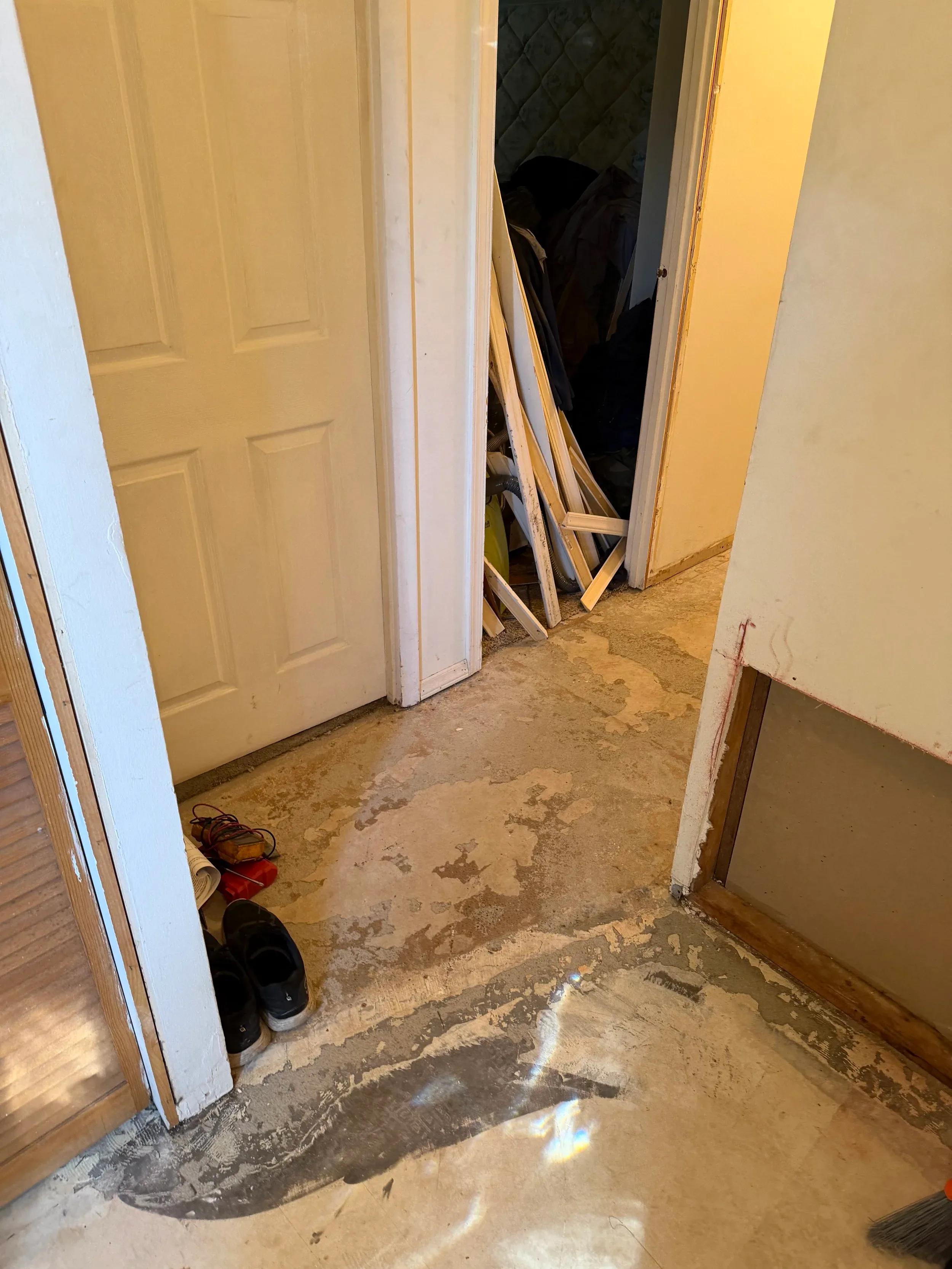 Hallway and closet area with removed flooring showing water damage and construction debris