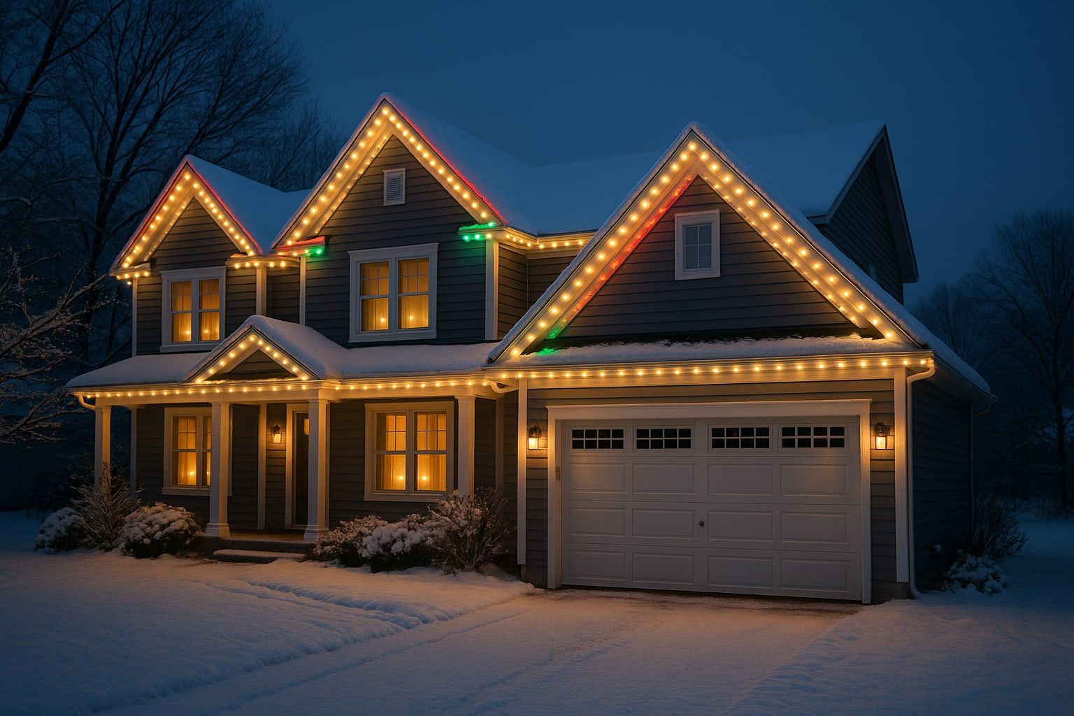 Two-story Capital Region home at dusk with permanent LED roofline lighting in warm white, red and green