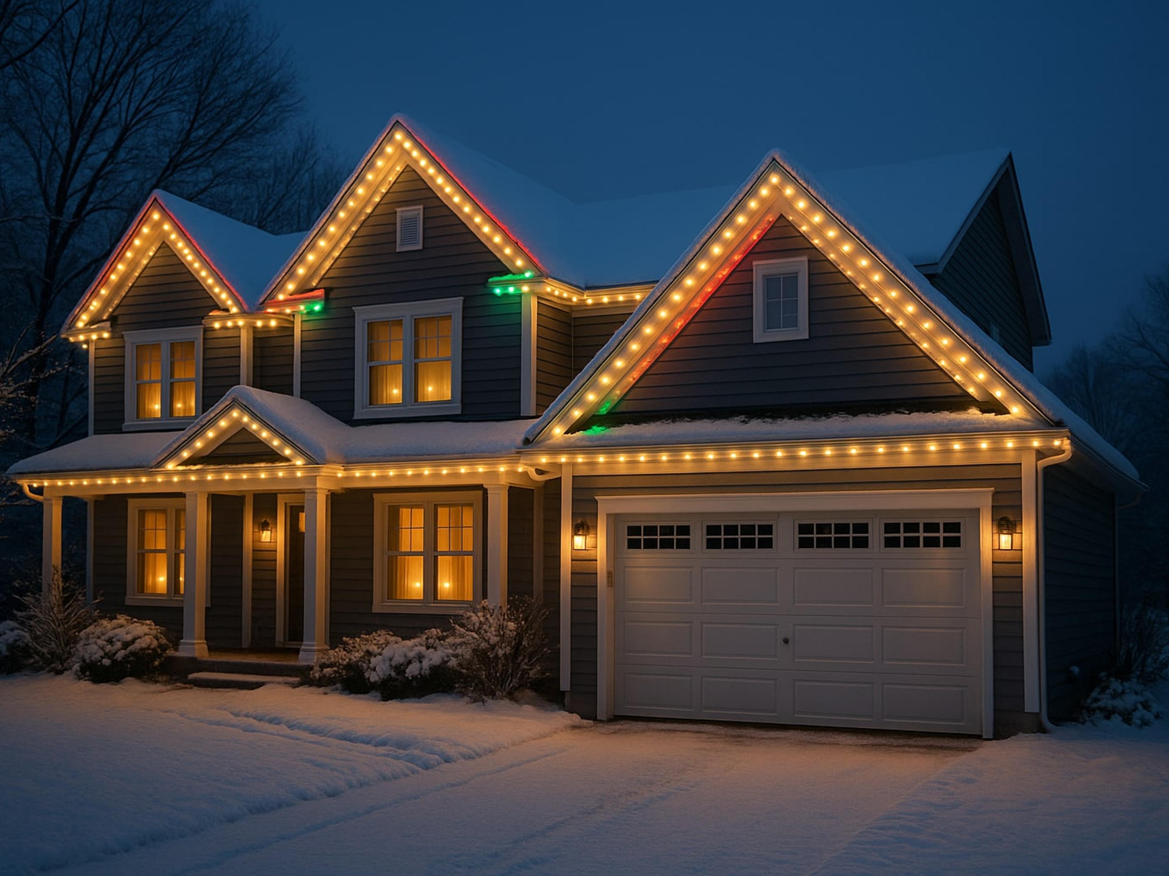 Two-story Capital Region home at dusk with permanent LED roofline lighting in warm white, red and green