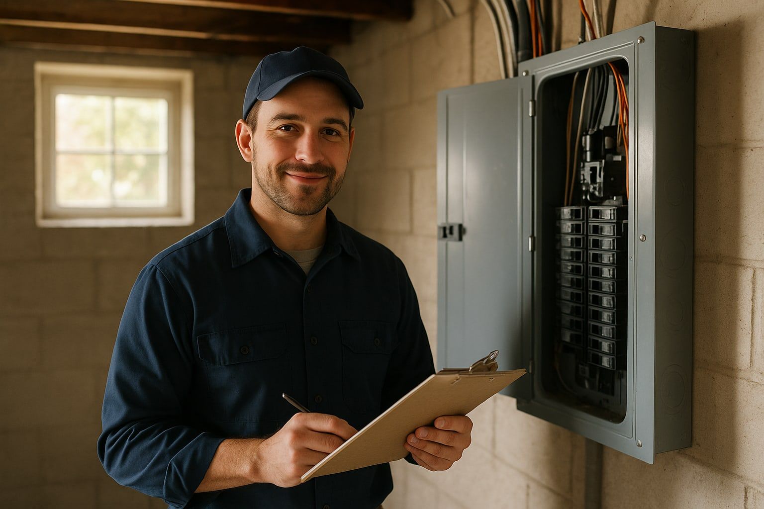 Electrician reviewing a written estimate beside an open breaker panel in a Capital Region, NY home