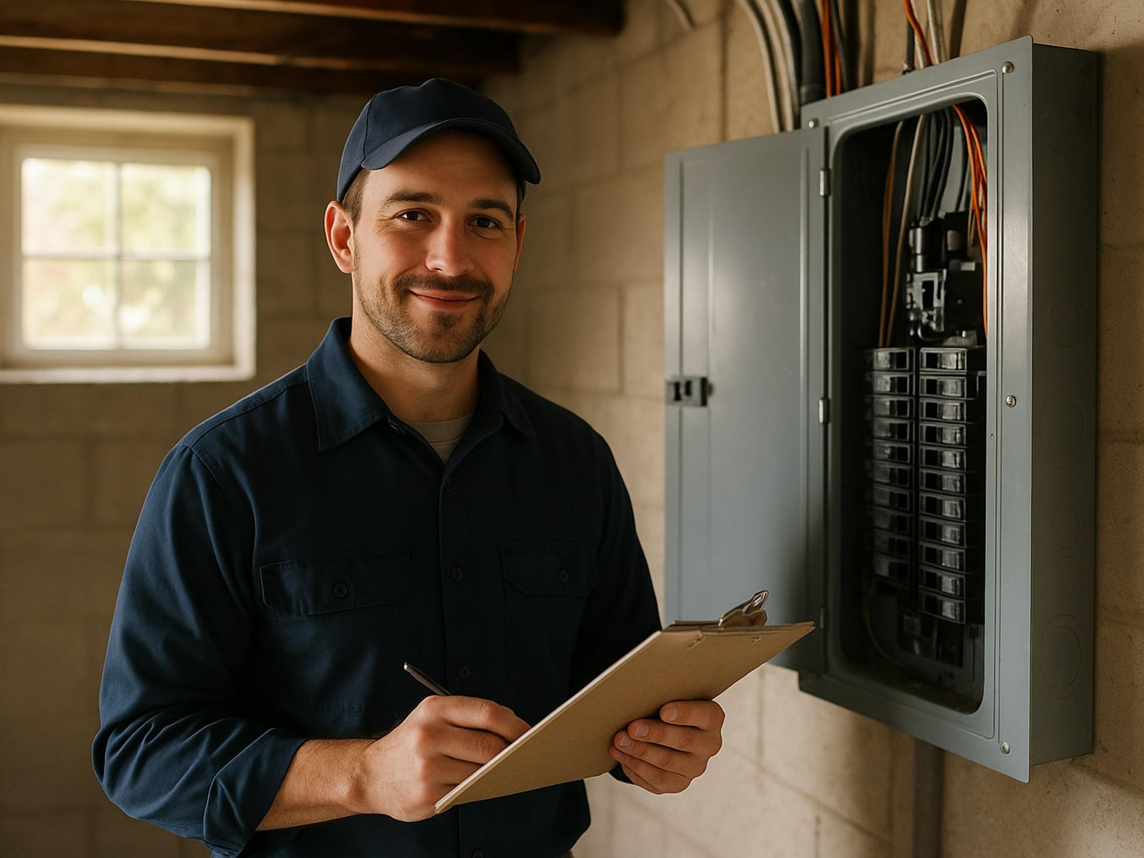 Electrician reviewing a written estimate beside an open breaker panel in a Capital Region, NY home