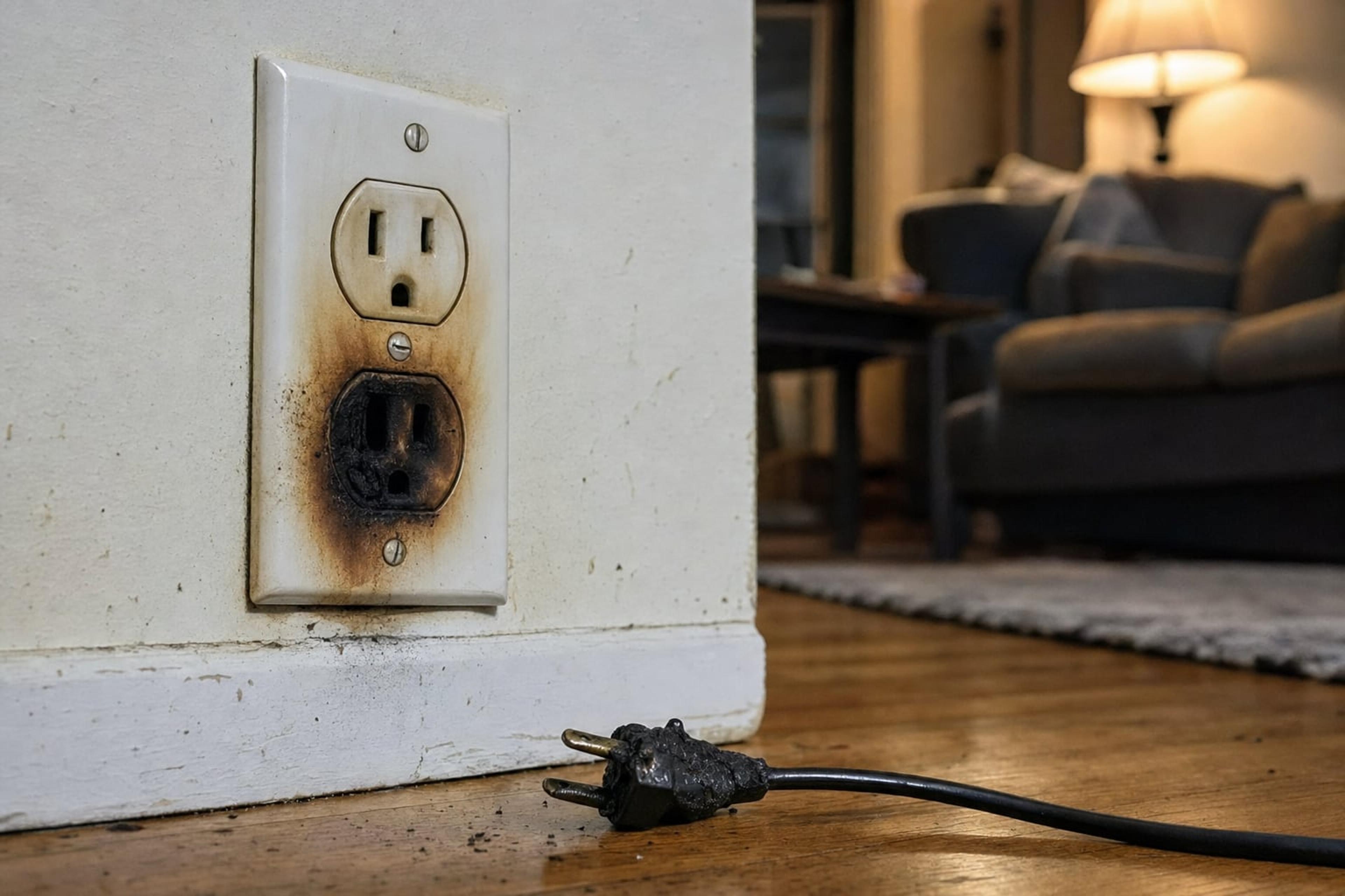 Scorched wall outlet with brown heat marks and a melted plug lying on the floor below it