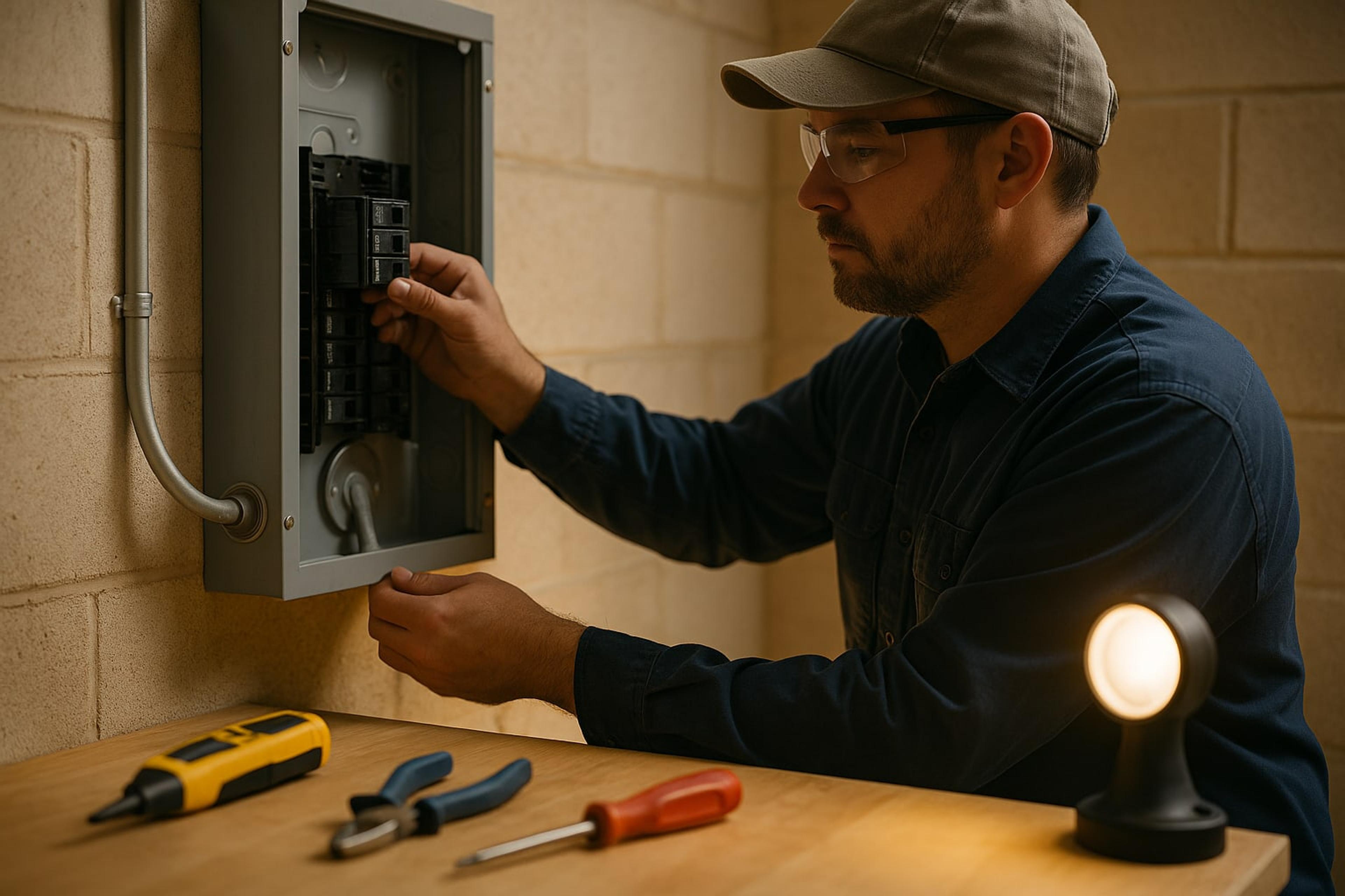 Electrician installing a dedicated two-pole breaker in a residential electrical panel for a home EV charger